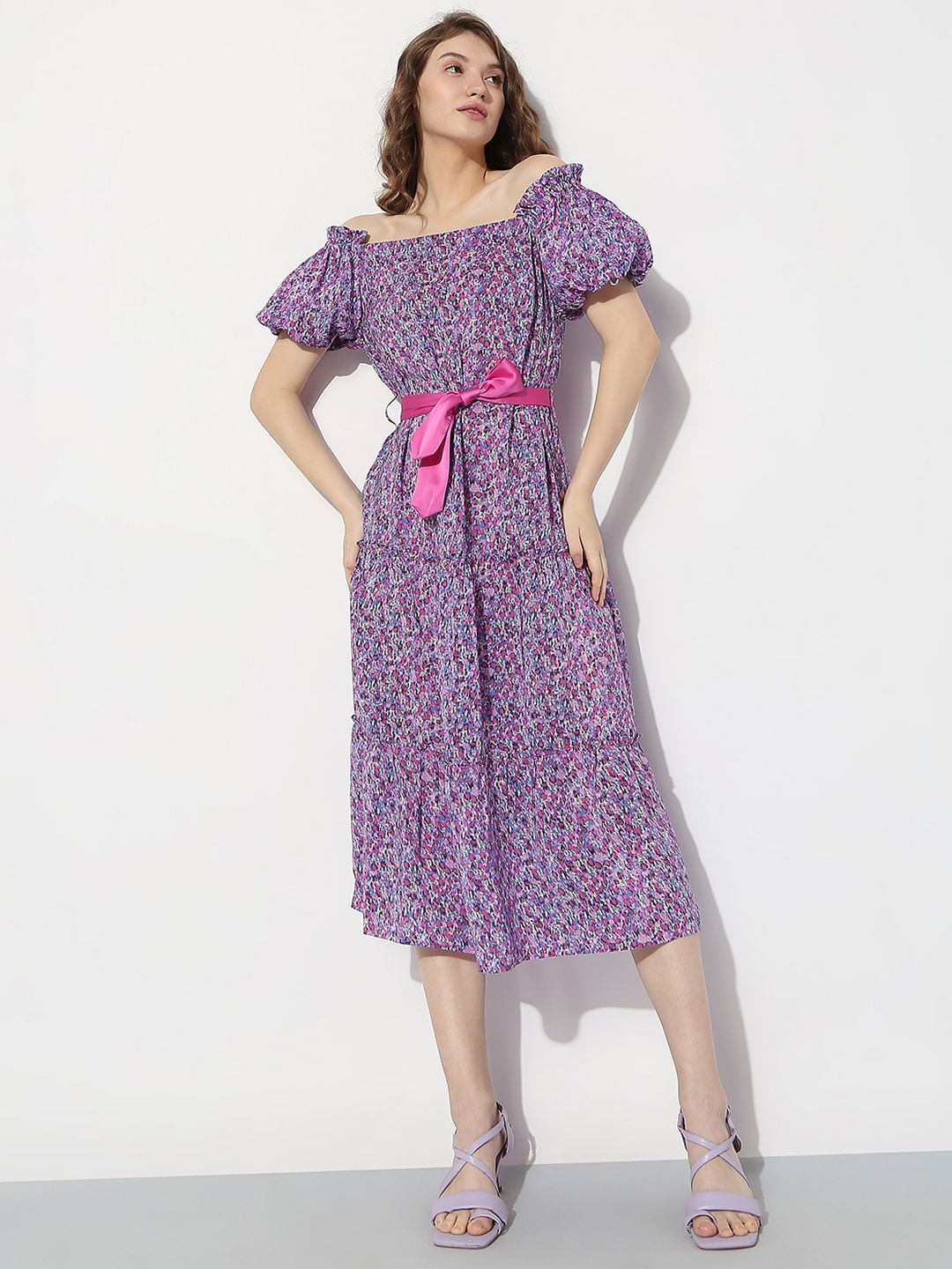 Purple Floral Off-Shoulder Dress