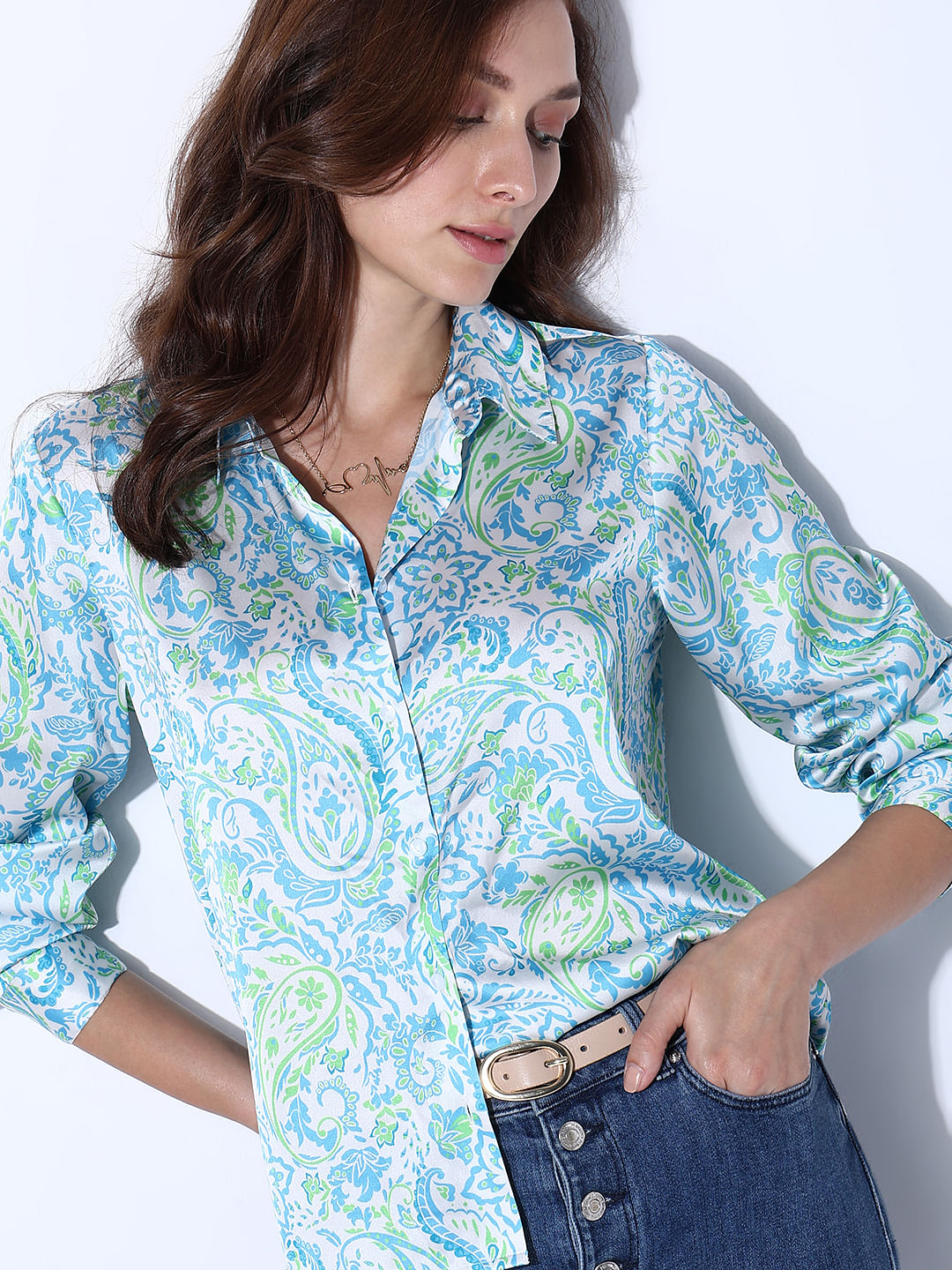 Light Blue Printed Satin Shirt