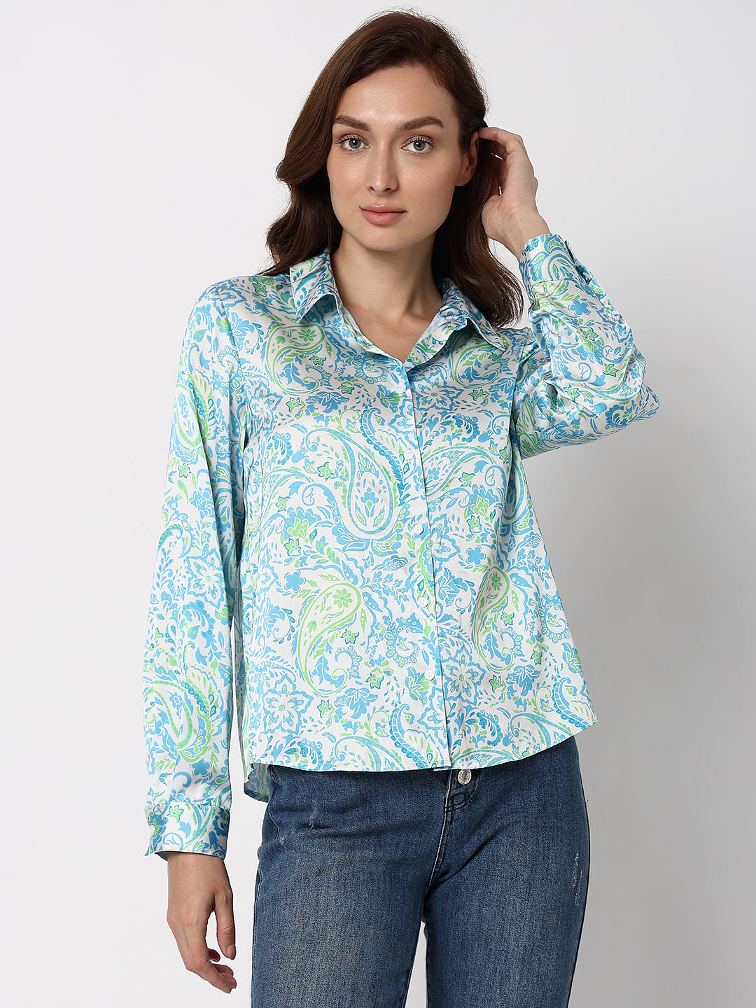 Light Blue Printed Satin Shirt