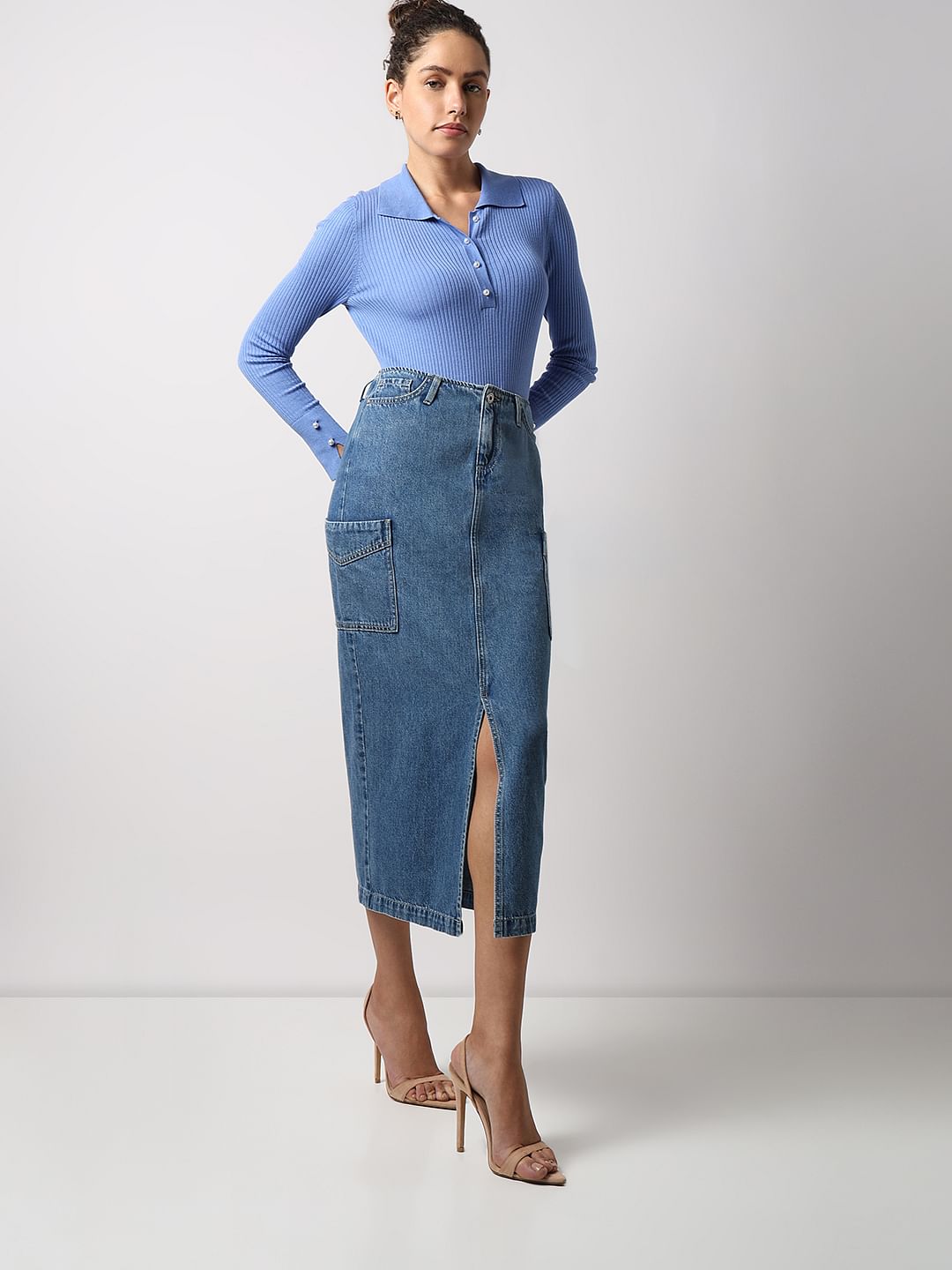 Blue High Rise Cargo Denim Skirt