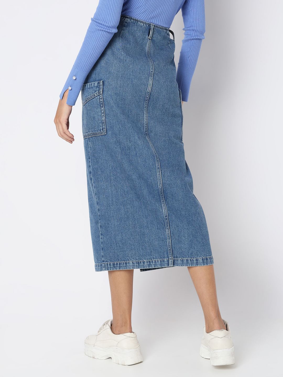 Blue High Rise Cargo Denim Skirt