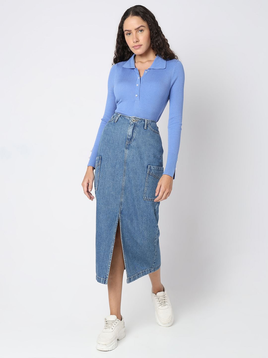 Blue High Rise Cargo Denim Skirt