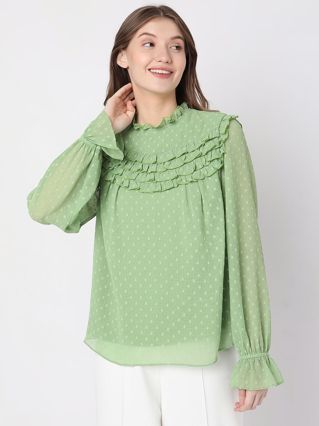 Green Polka Dot Ruffle Top