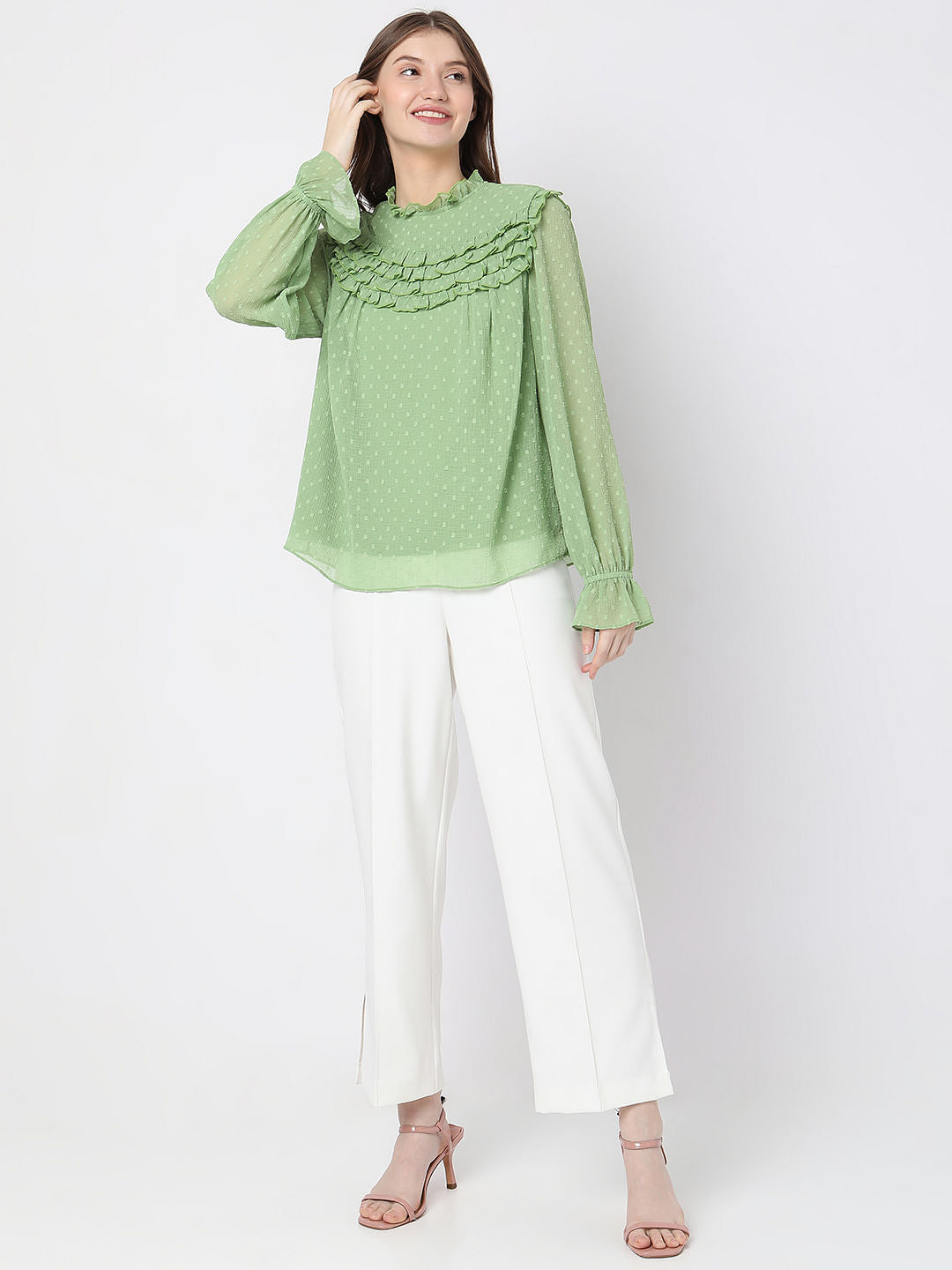 Green Polka Dot Ruffle Top