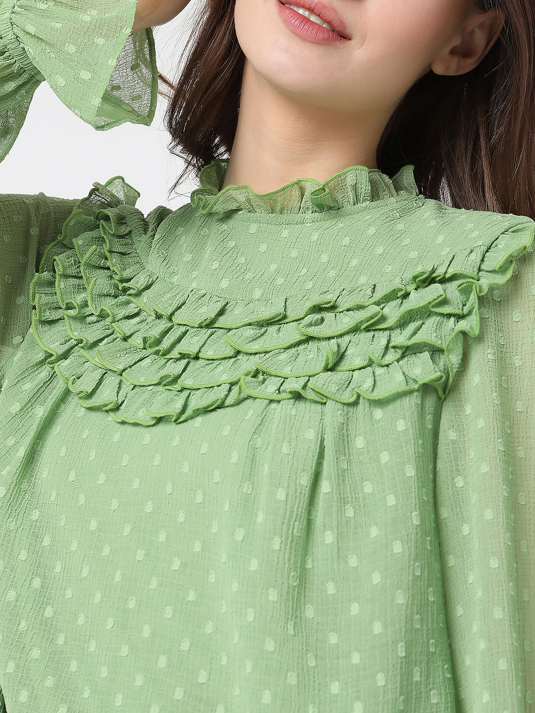 Green Polka Dot Ruffle Top