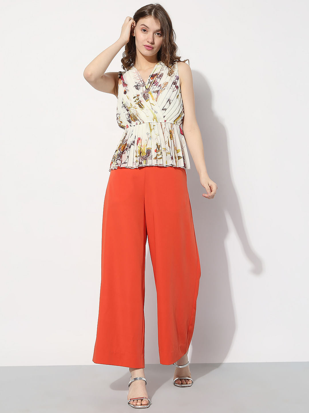 Beige Floral Pleated Top