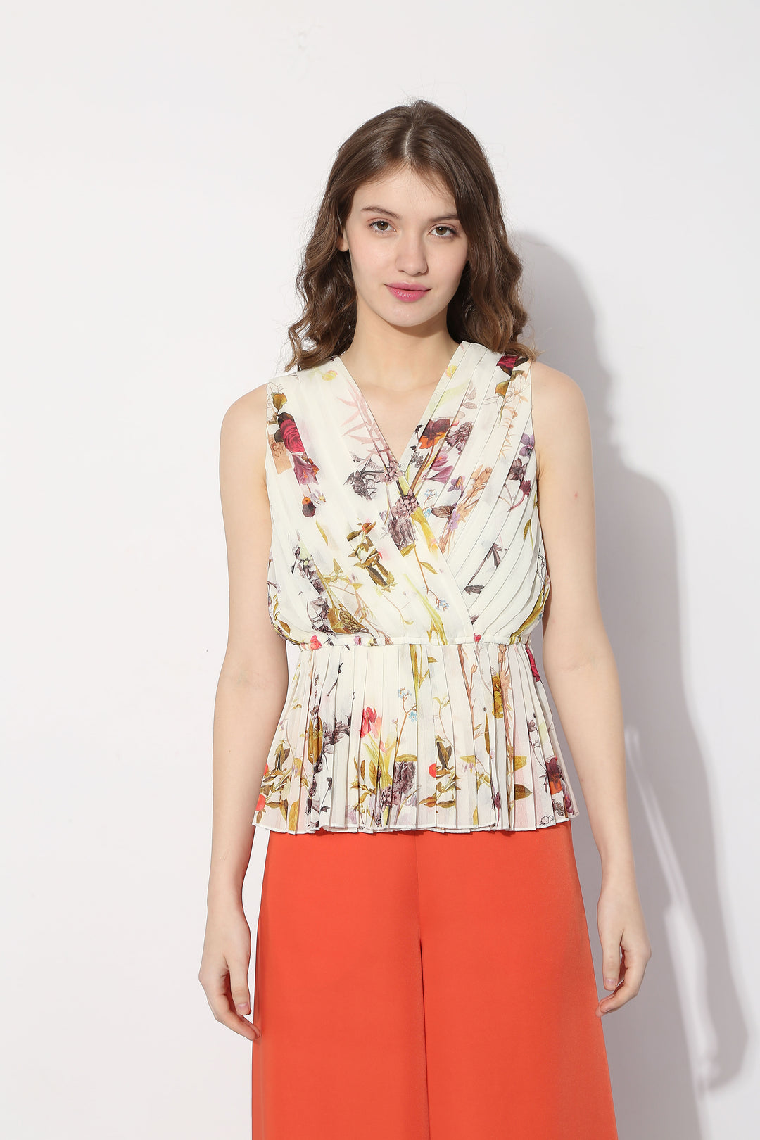 Beige Floral Pleated Top