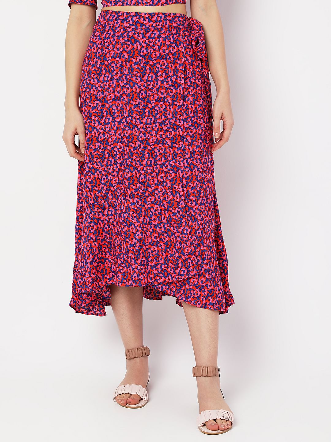 Pink Floral Wrap Tie-Up Co-Ord Set Skirt