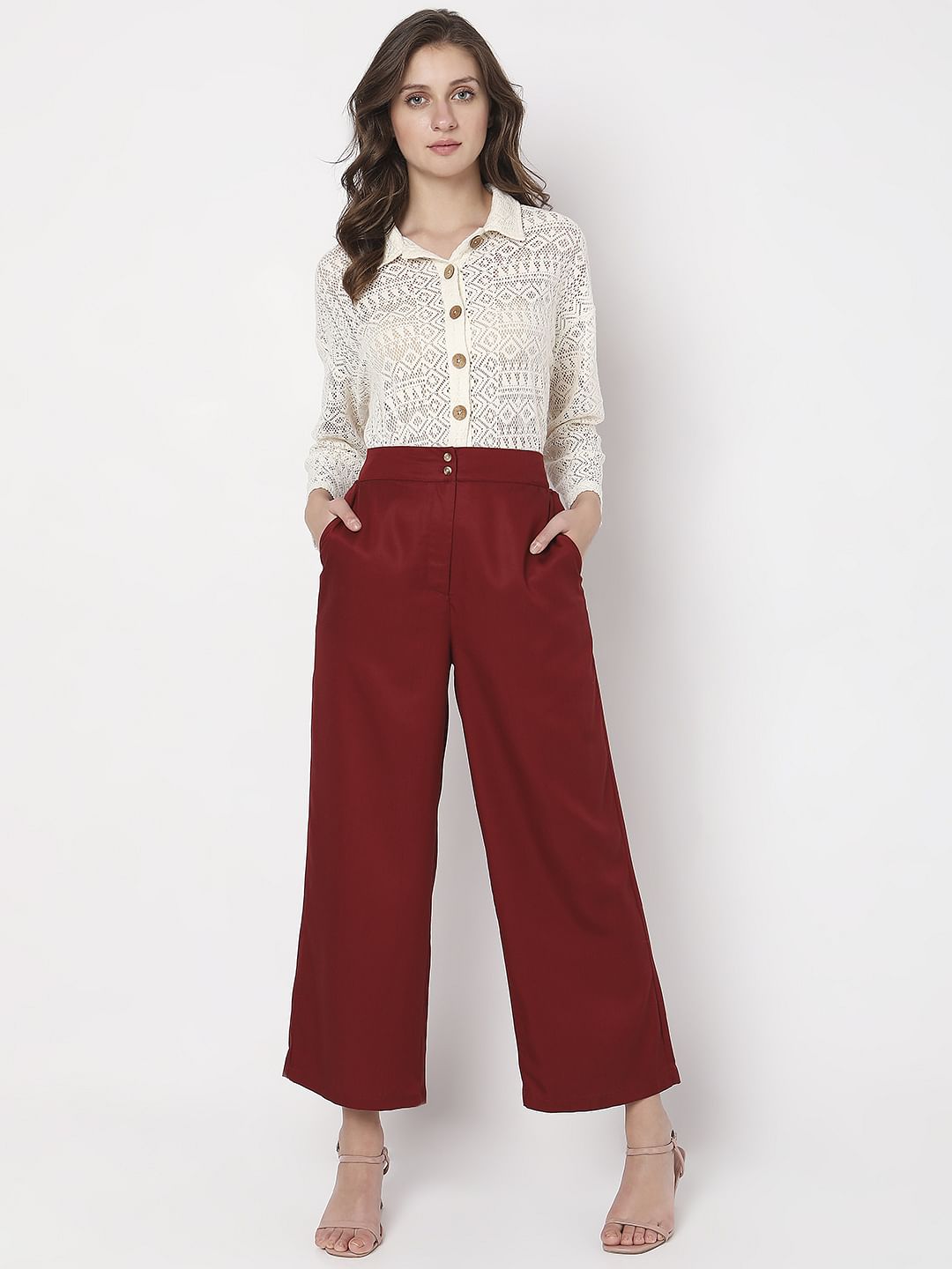 Maroon High Rise Wide Leg Pants
