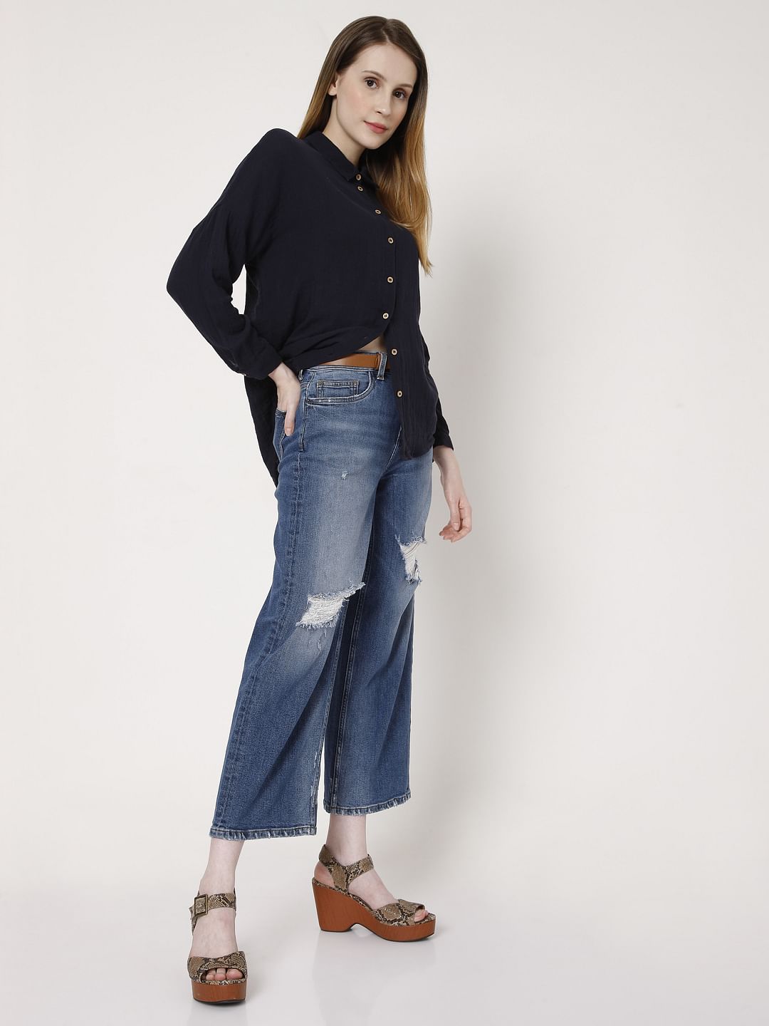 Blue High Rise Wide Leg Torn Jeans