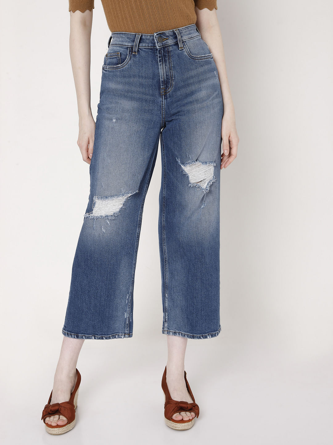 Blue High Rise Wide Leg Torn Jeans