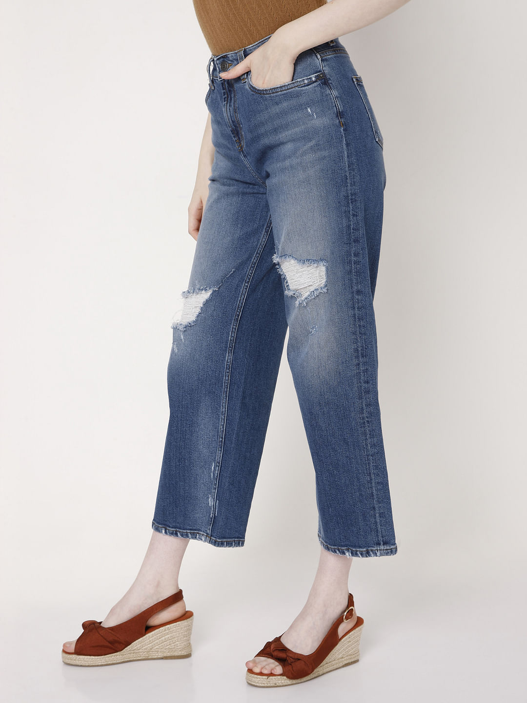 Blue High Rise Wide Leg Torn Jeans