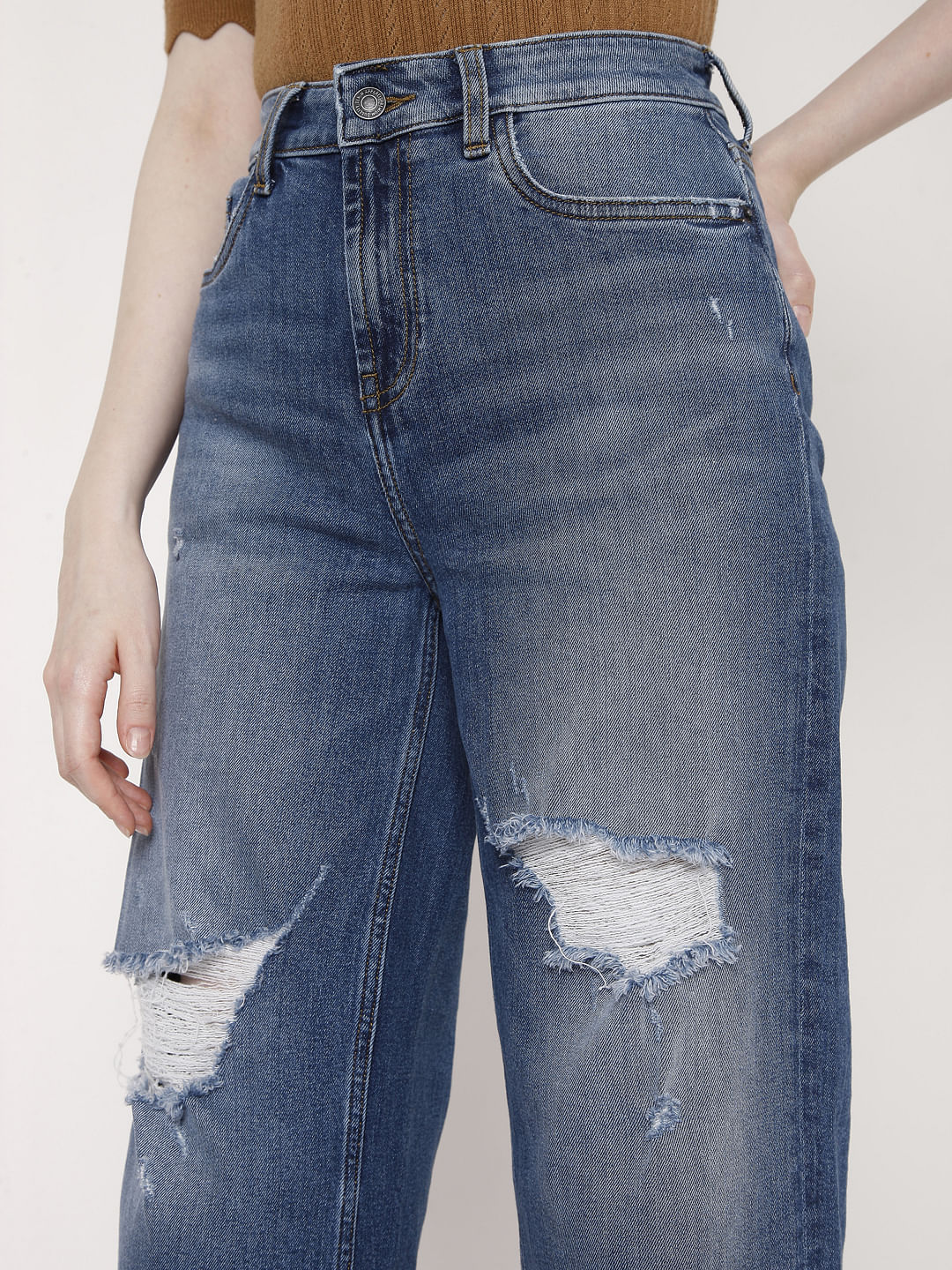 Blue High Rise Wide Leg Torn Jeans