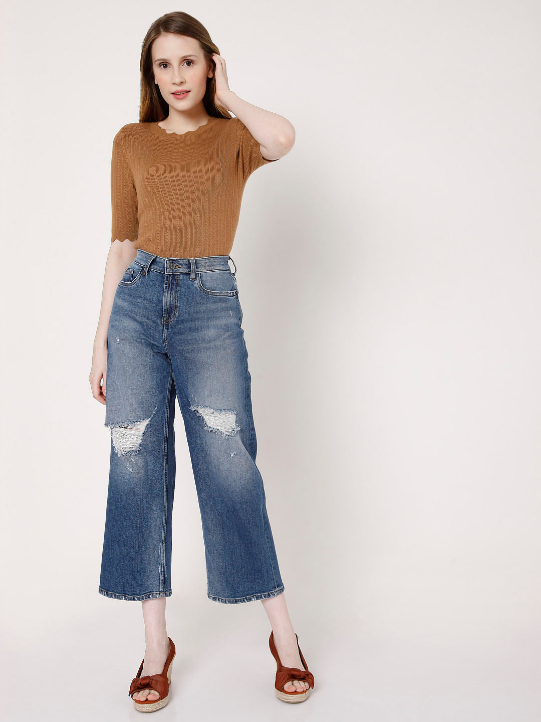 Blue High Rise Wide Leg Torn Jeans
