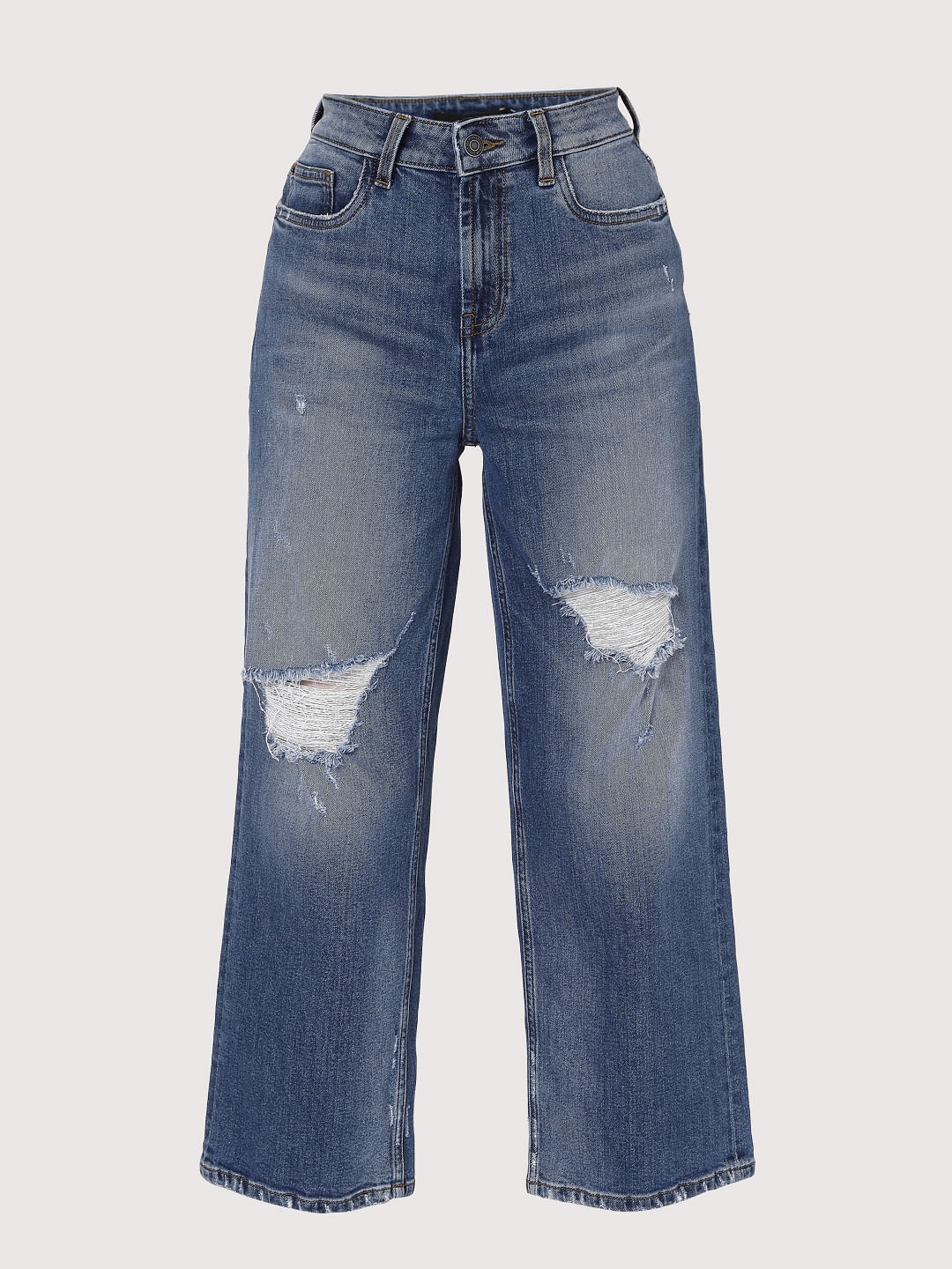 Blue High Rise Wide Leg Torn Jeans