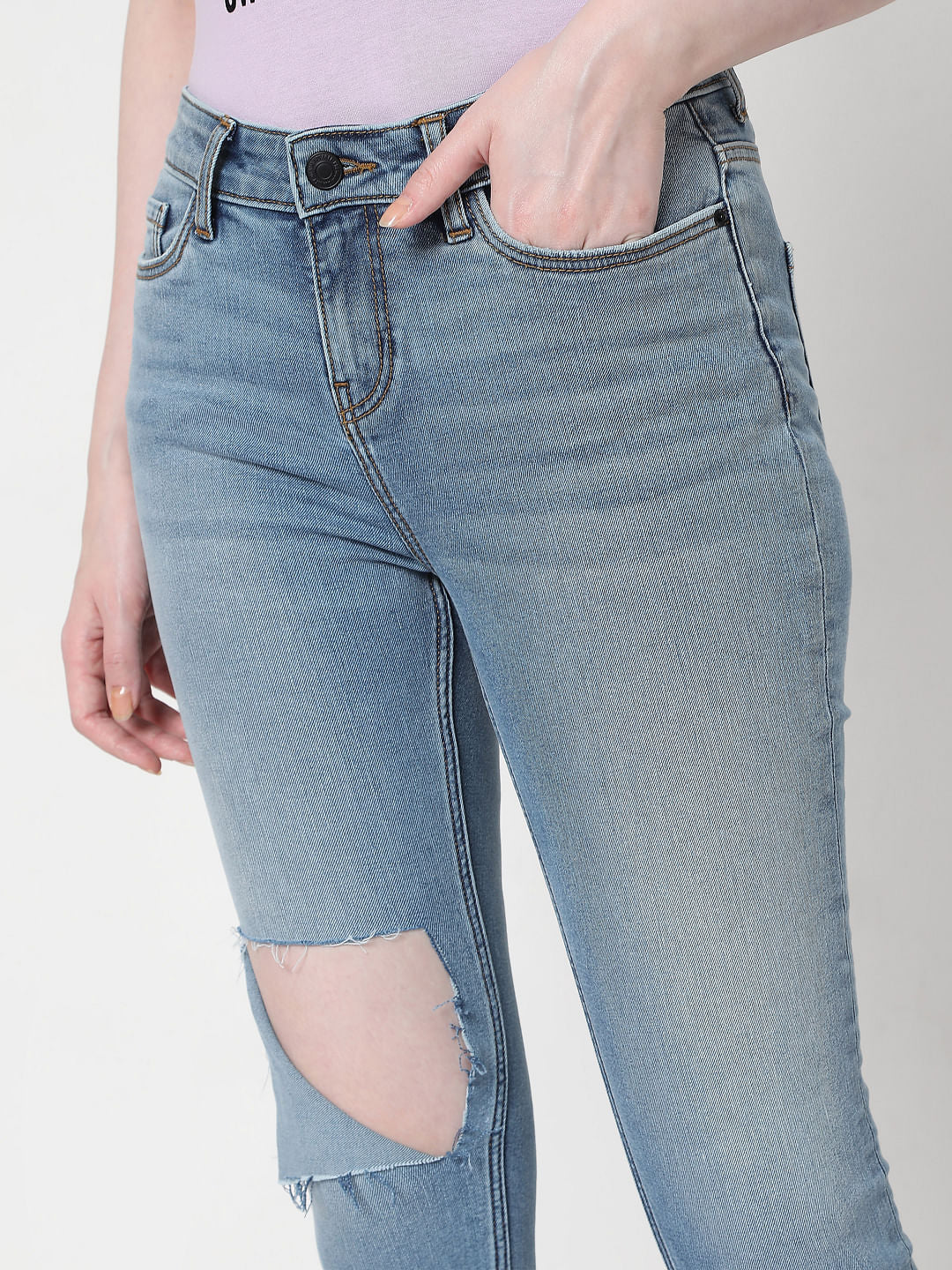 Blue Mid Rise Ripped Skinny Jeans