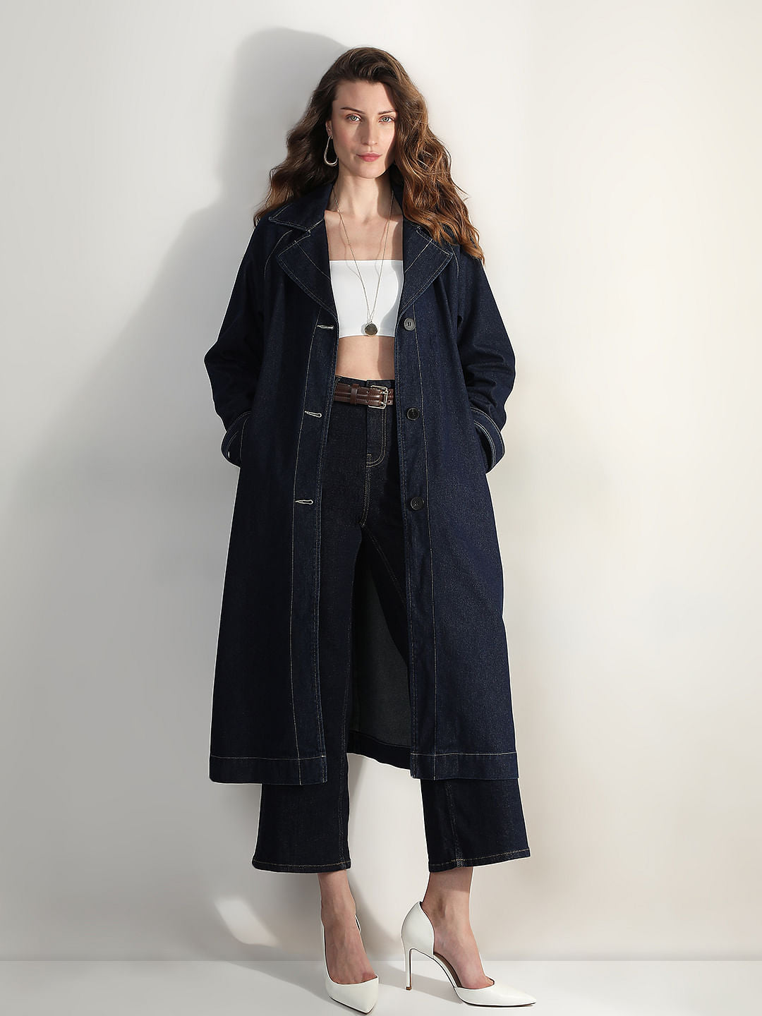 Dark Blue Long Denim Trench Coat