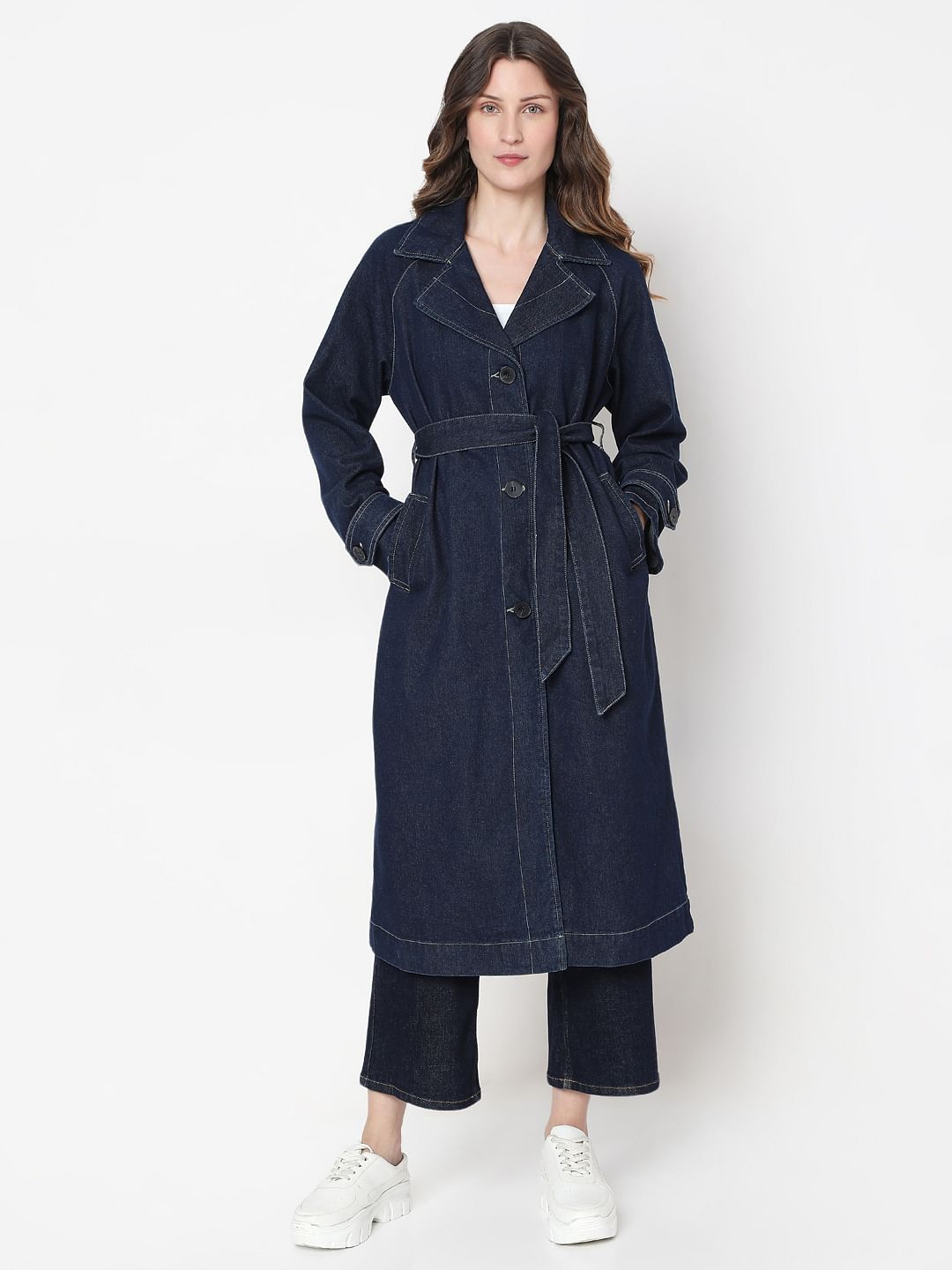 Dark Blue Long Denim Trench Coat