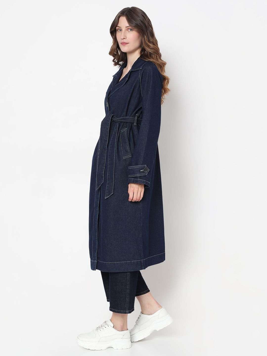 Dark Blue Long Denim Trench Coat