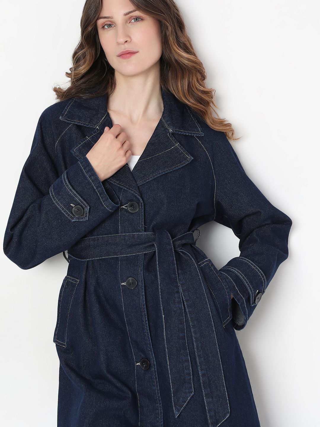 Dark Blue Long Denim Trench Coat