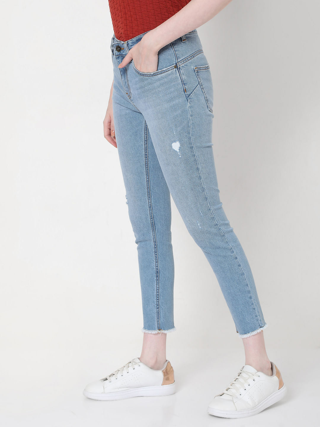 Blue Mid Rise Distressed Skinny Jeans