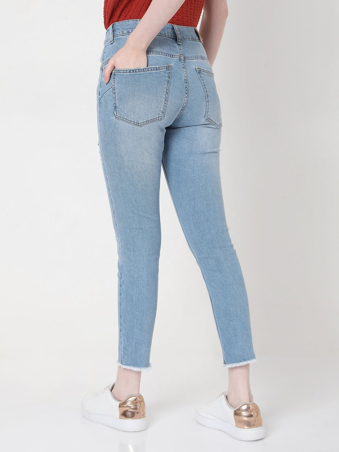 Blue Mid Rise Distressed Skinny Jeans