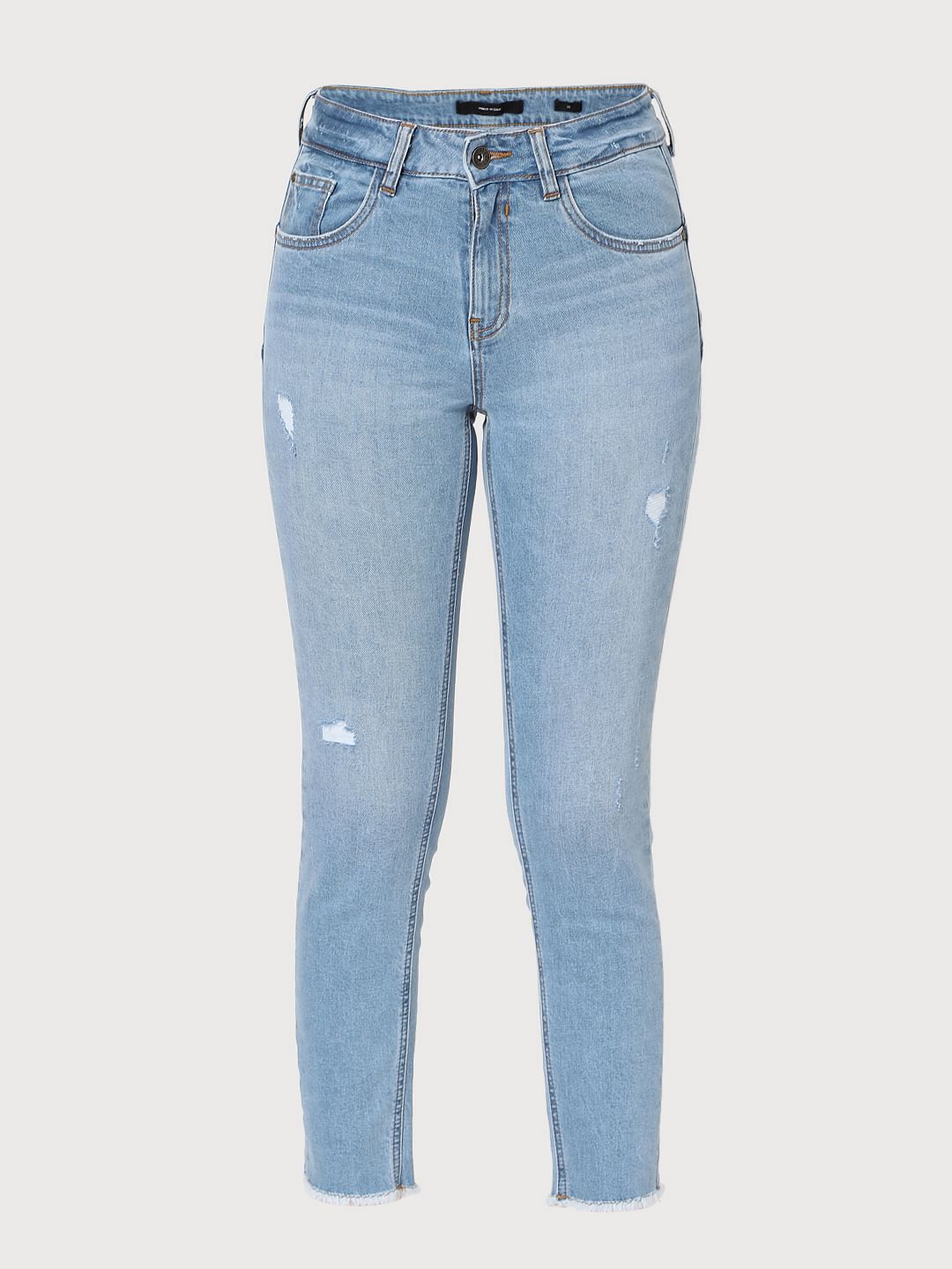 Blue Mid Rise Distressed Skinny Jeans