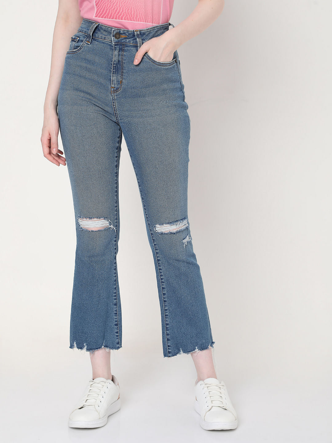 Blue Ripped Bootcut Jeans