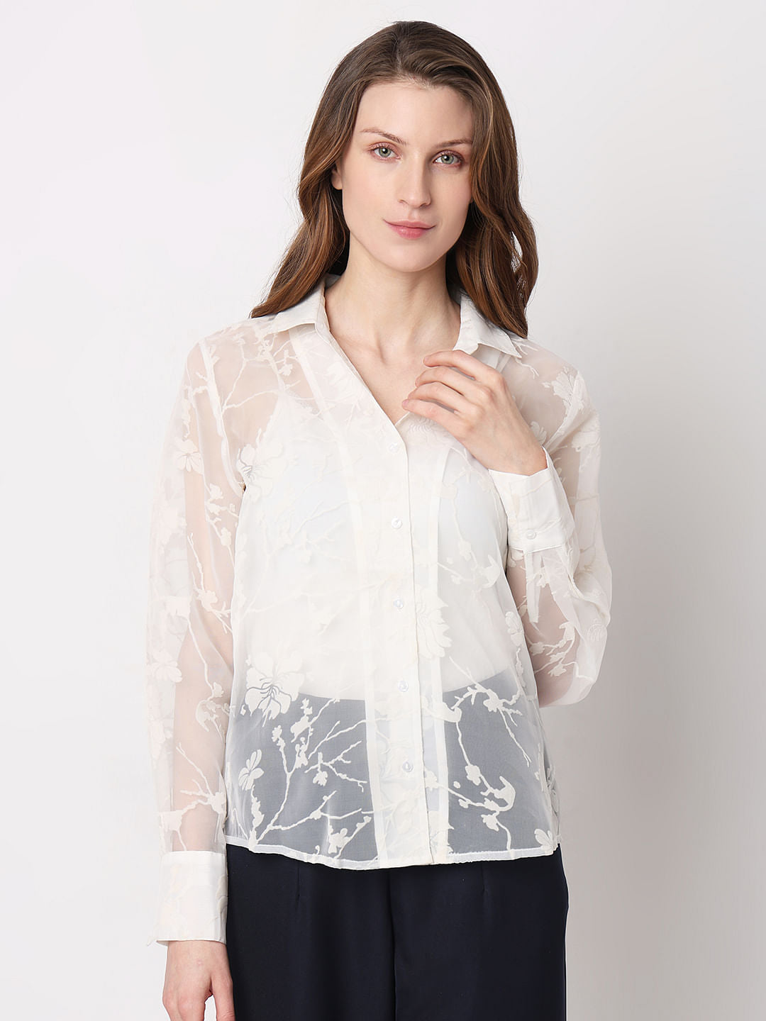 White Floral Sheer Shirt