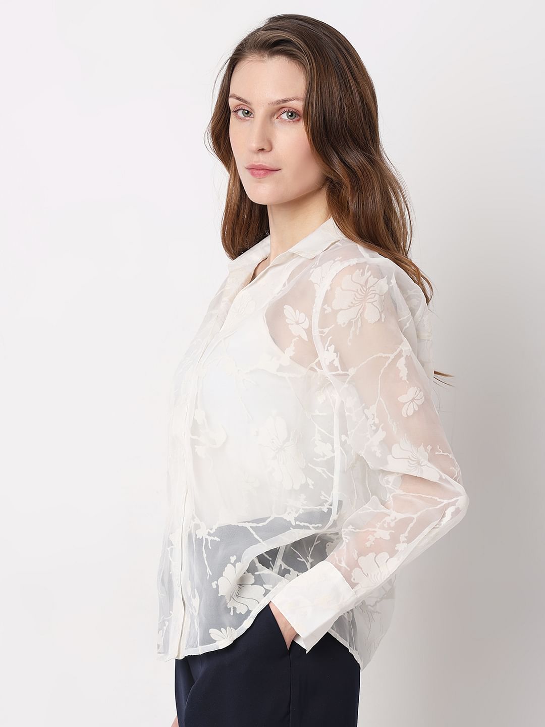 White Floral Sheer Shirt