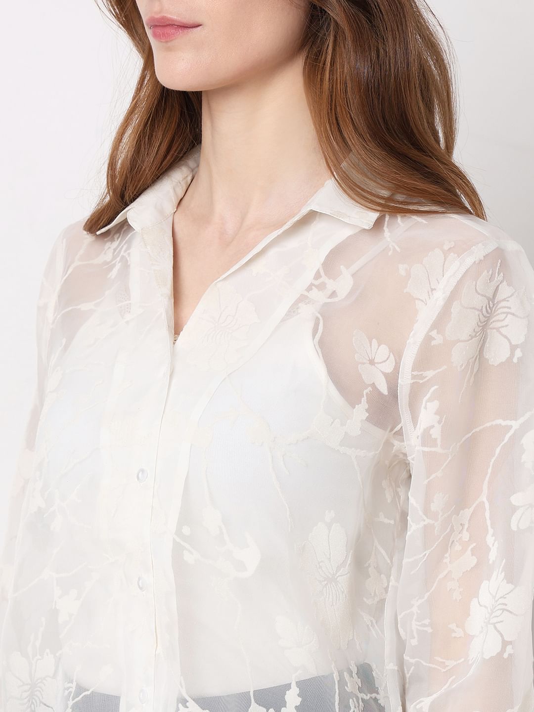 White Floral Sheer Shirt