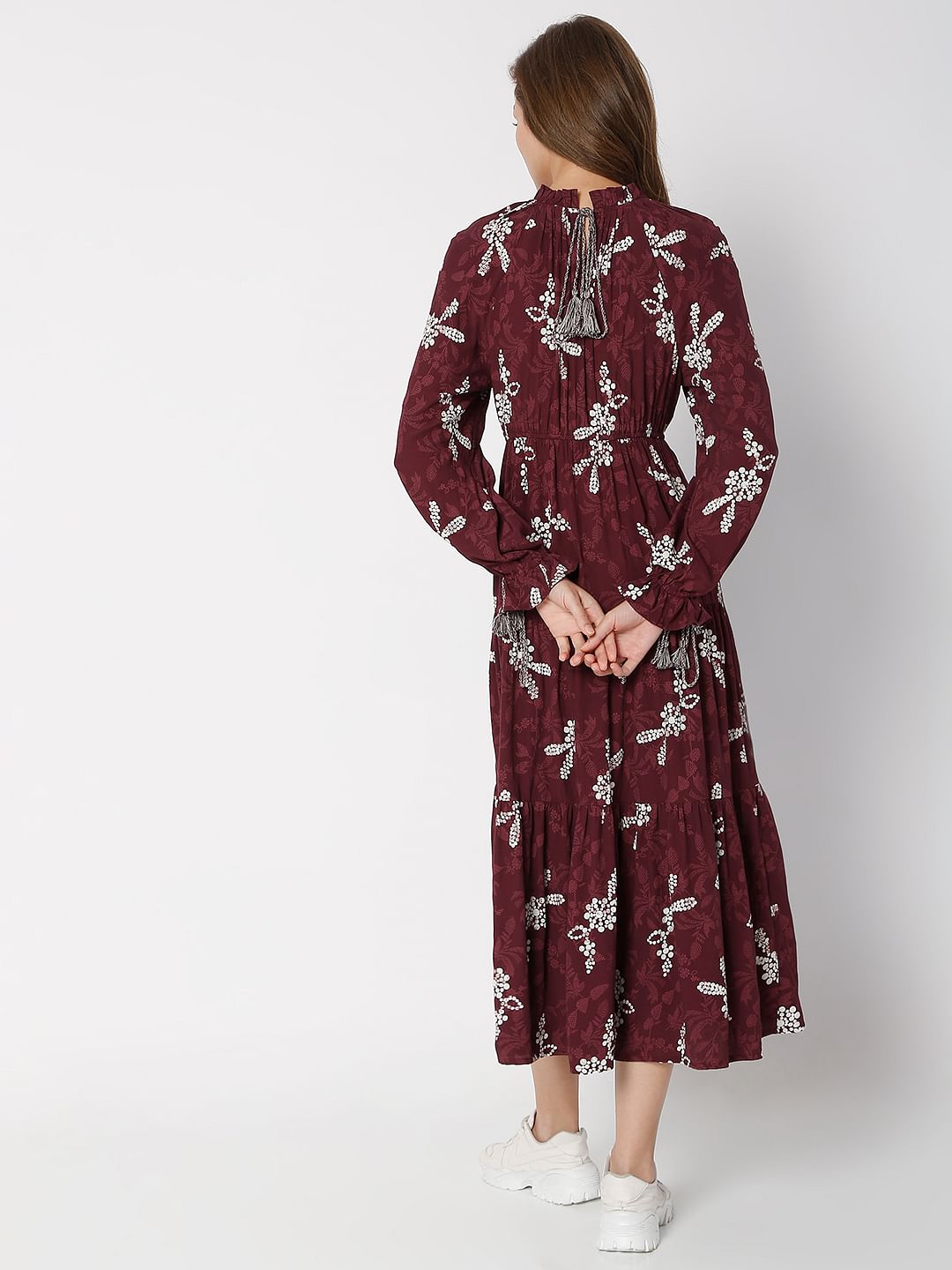 Maroon Floral Tiered Midi Dress
