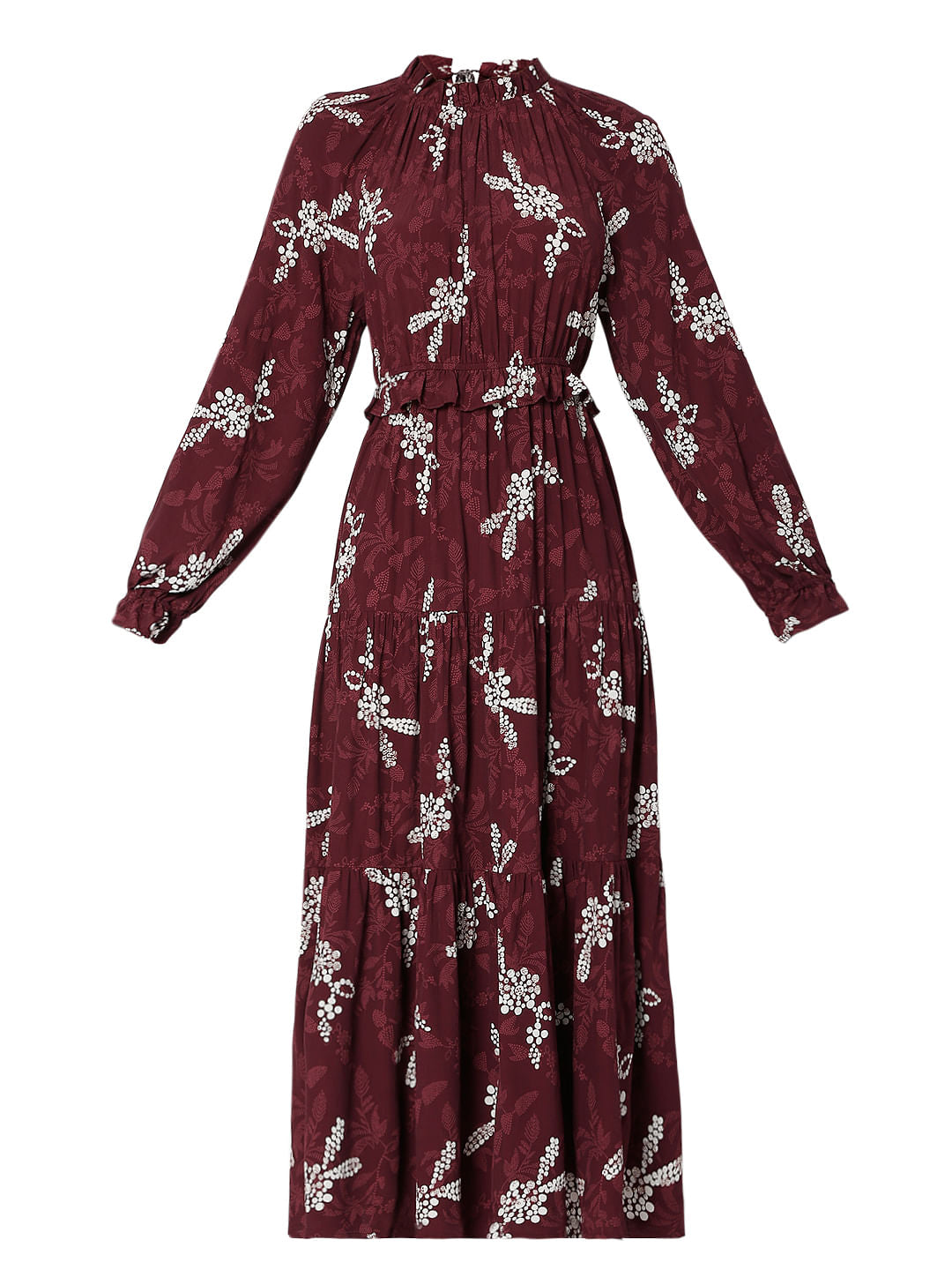 Maroon Floral Tiered Midi Dress