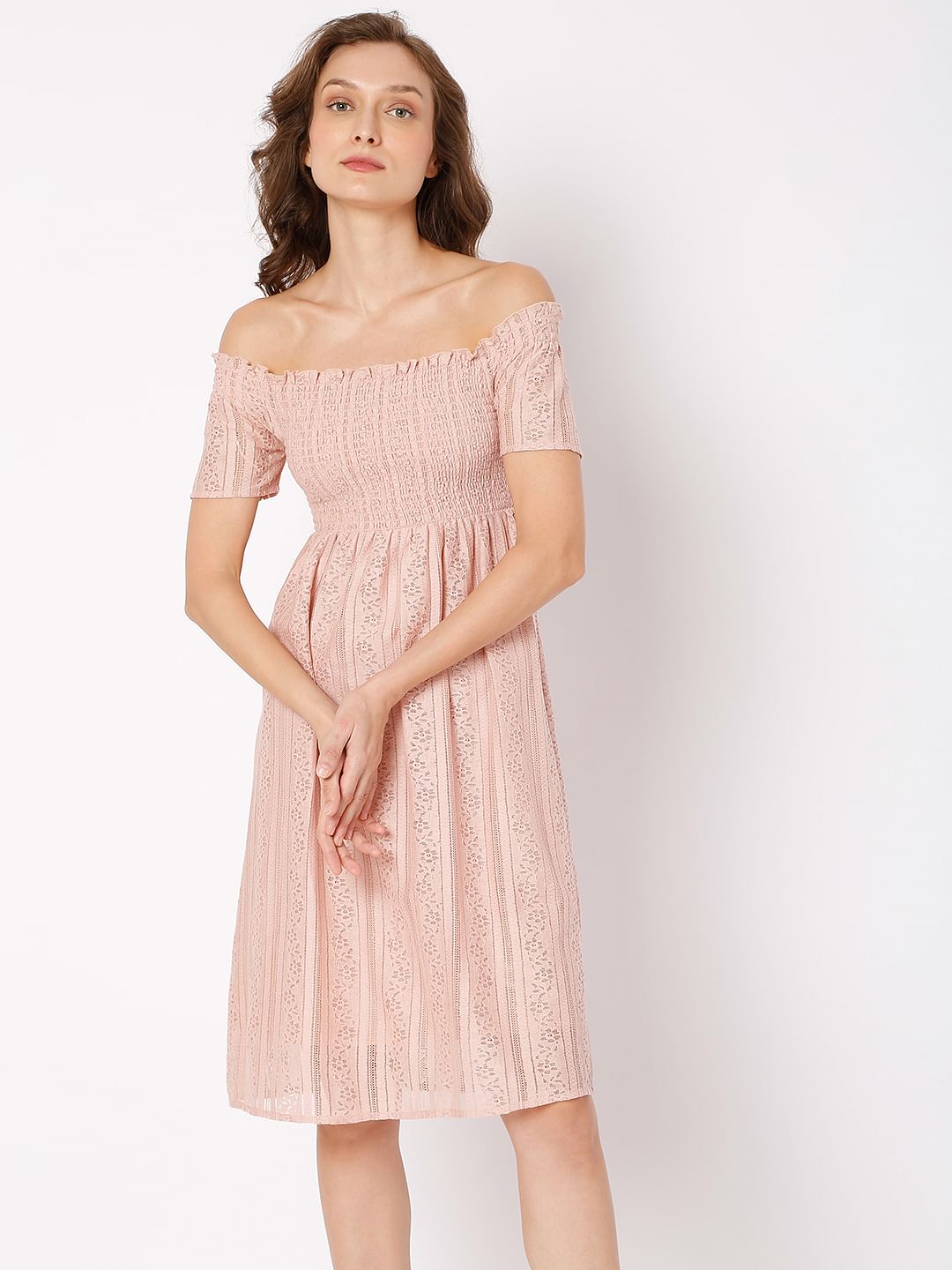 Pink Off-Shoulder Smocked Dress
