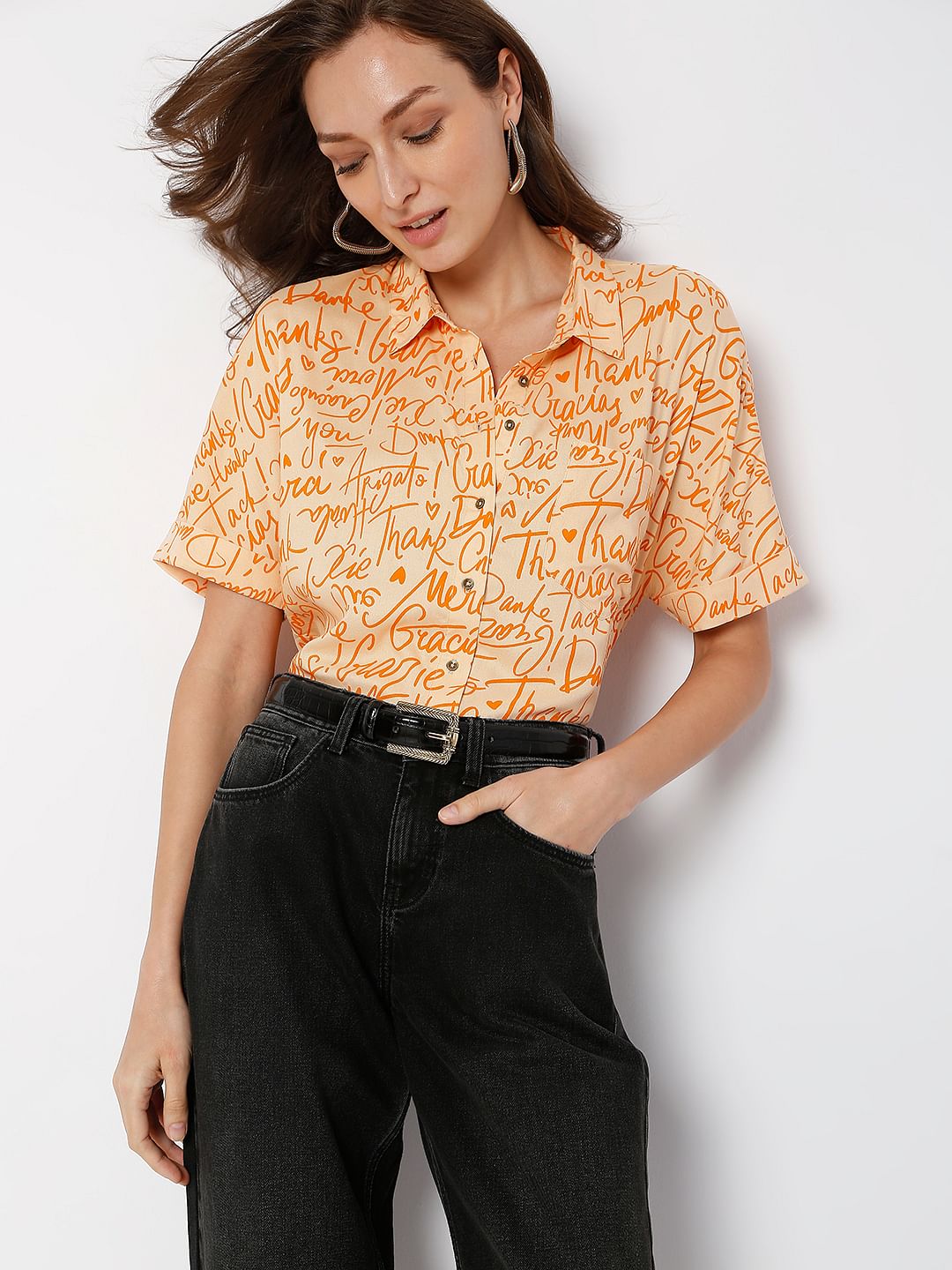 Orange Typographic Print Shirt