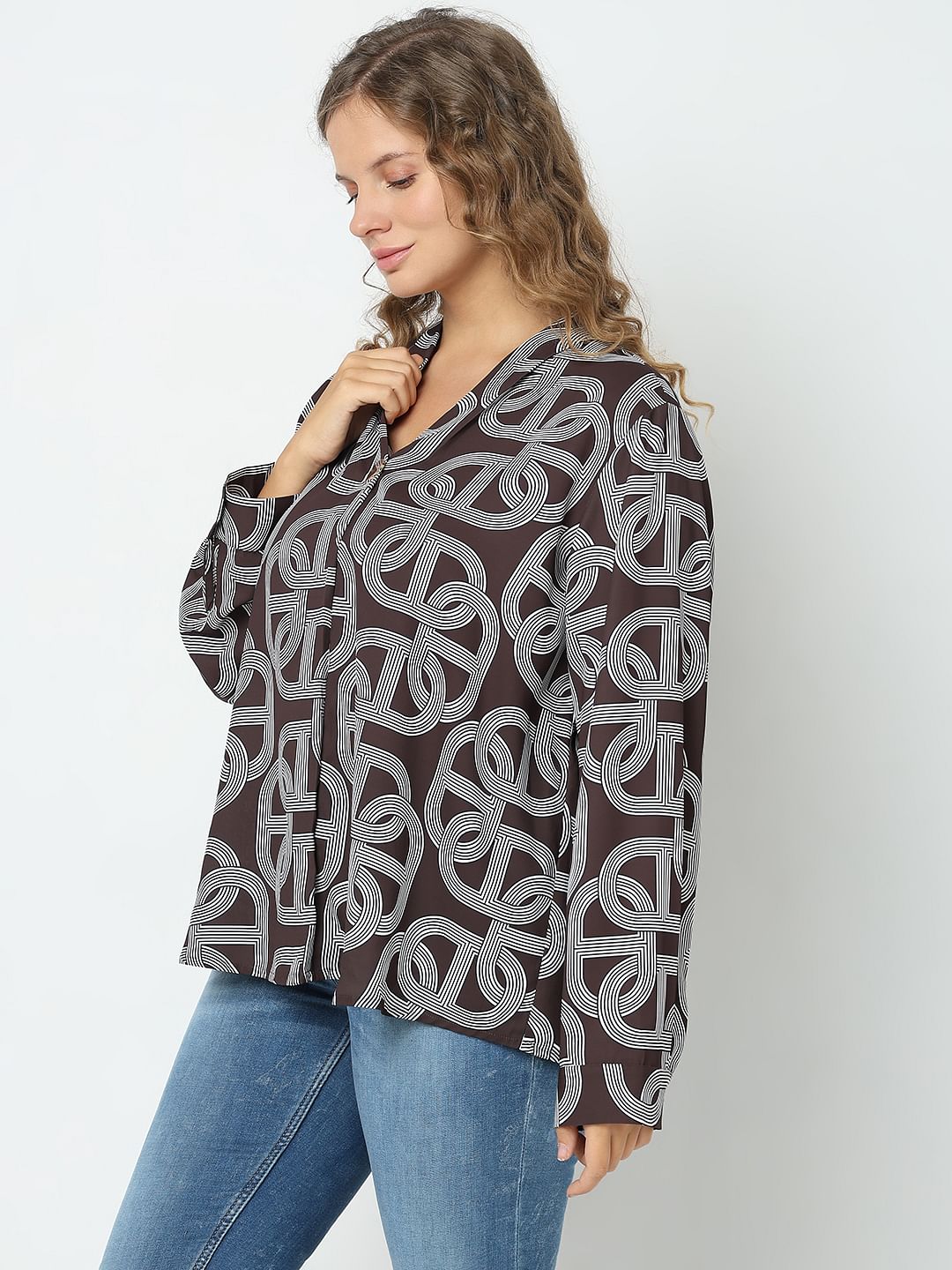 Curve Brown Abstract Print Top