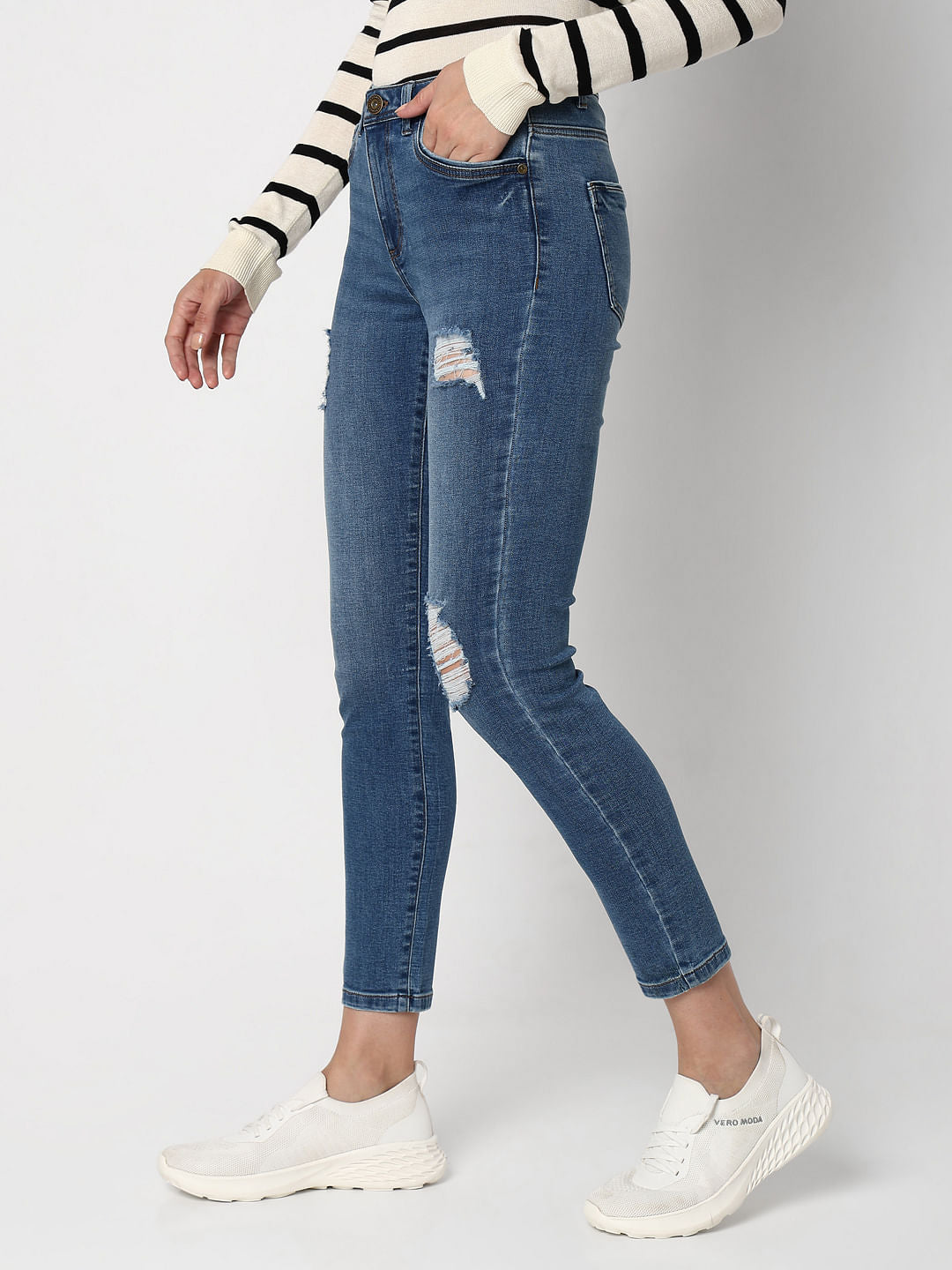 Blue Mid Rise Distressed Wendy Skinny Jeans