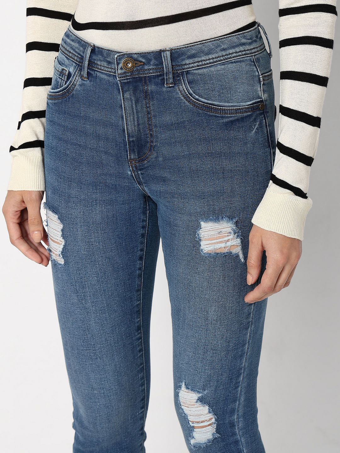 Blue Mid Rise Distressed Wendy Skinny Jeans