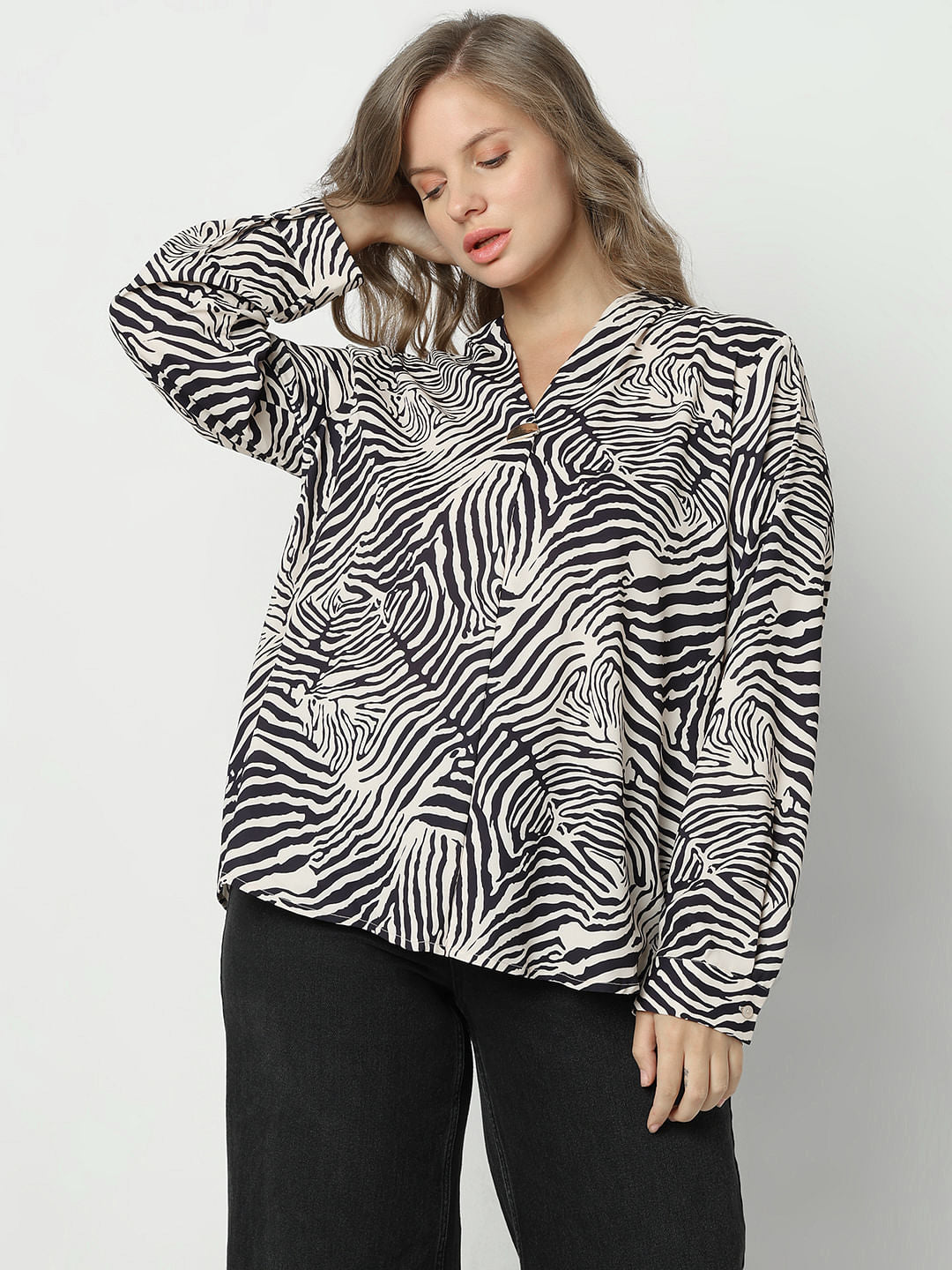 Curve Beige Printed Full Sleeves Top