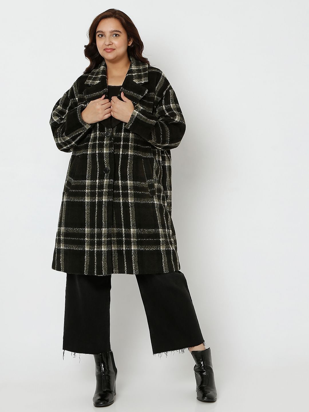 Curve Dark Green Check Long Overcoat