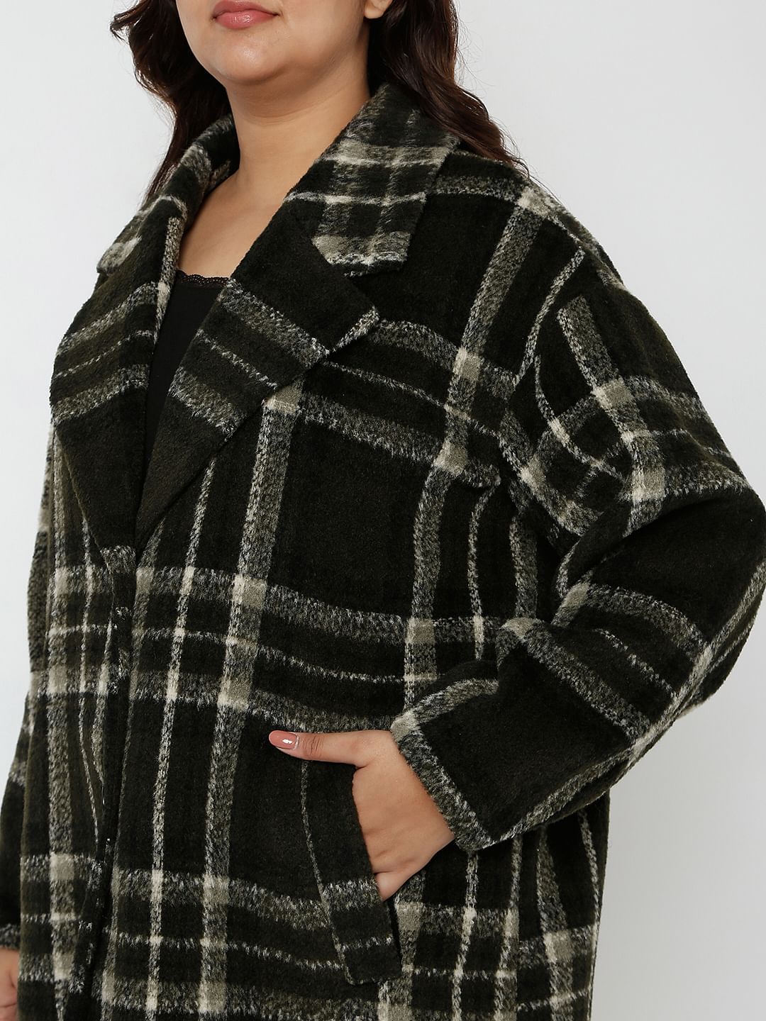 Curve Dark Green Check Long Overcoat