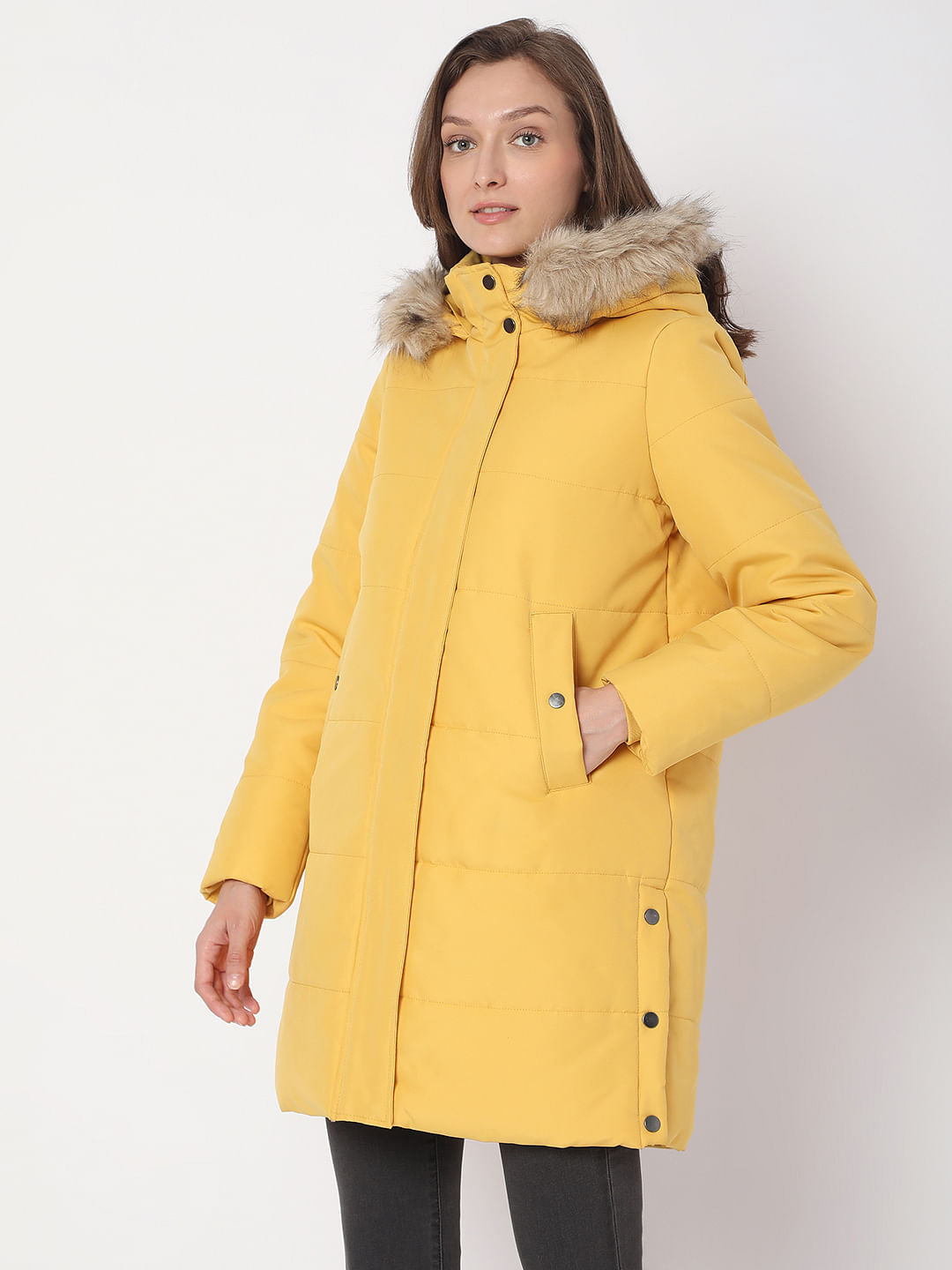 Yellow Fur Hooded Coat
