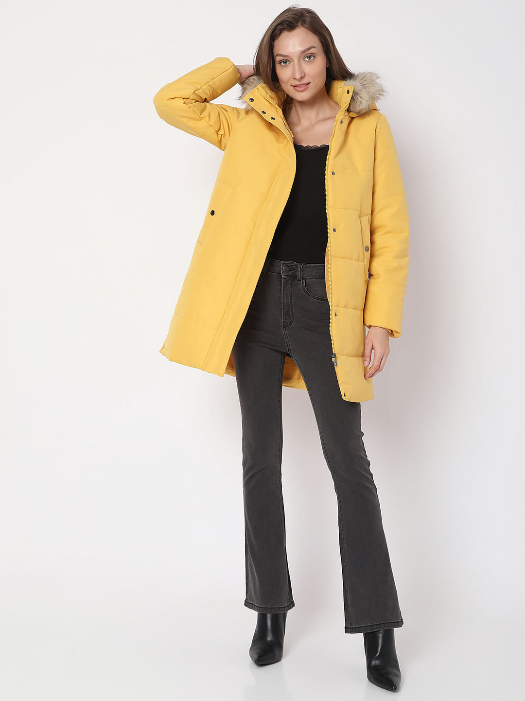 Yellow Fur Hooded Coat