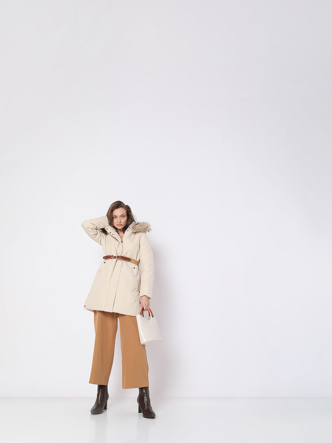 Beige Fur Hooded Coat
