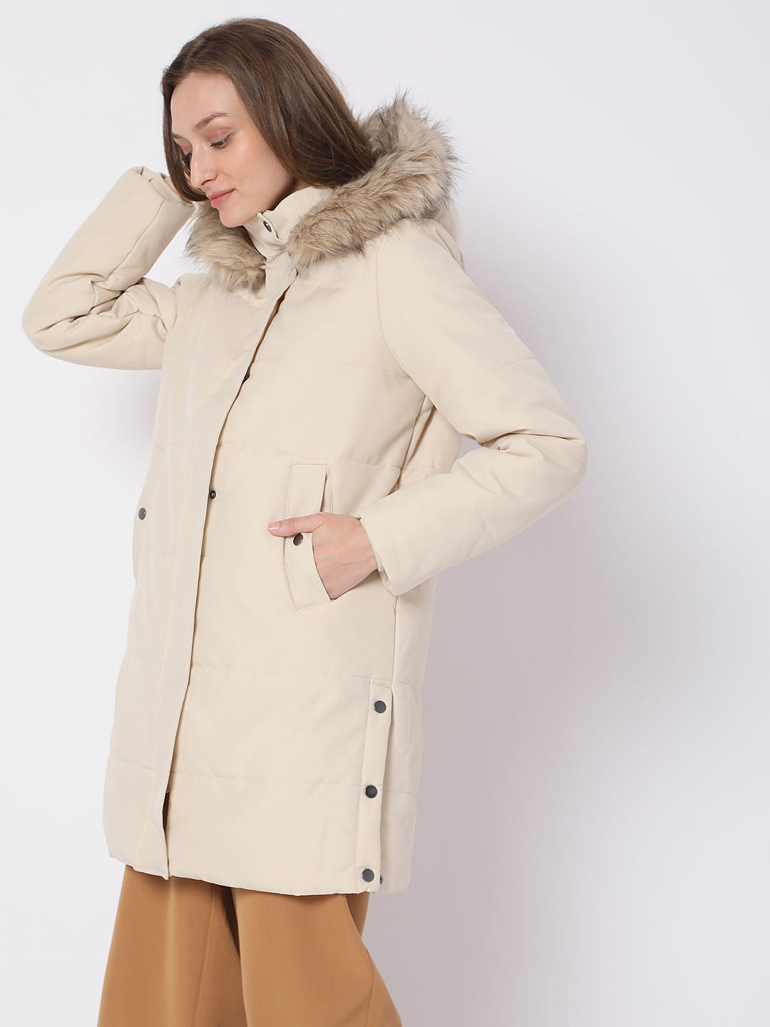 Beige Fur Hooded Coat