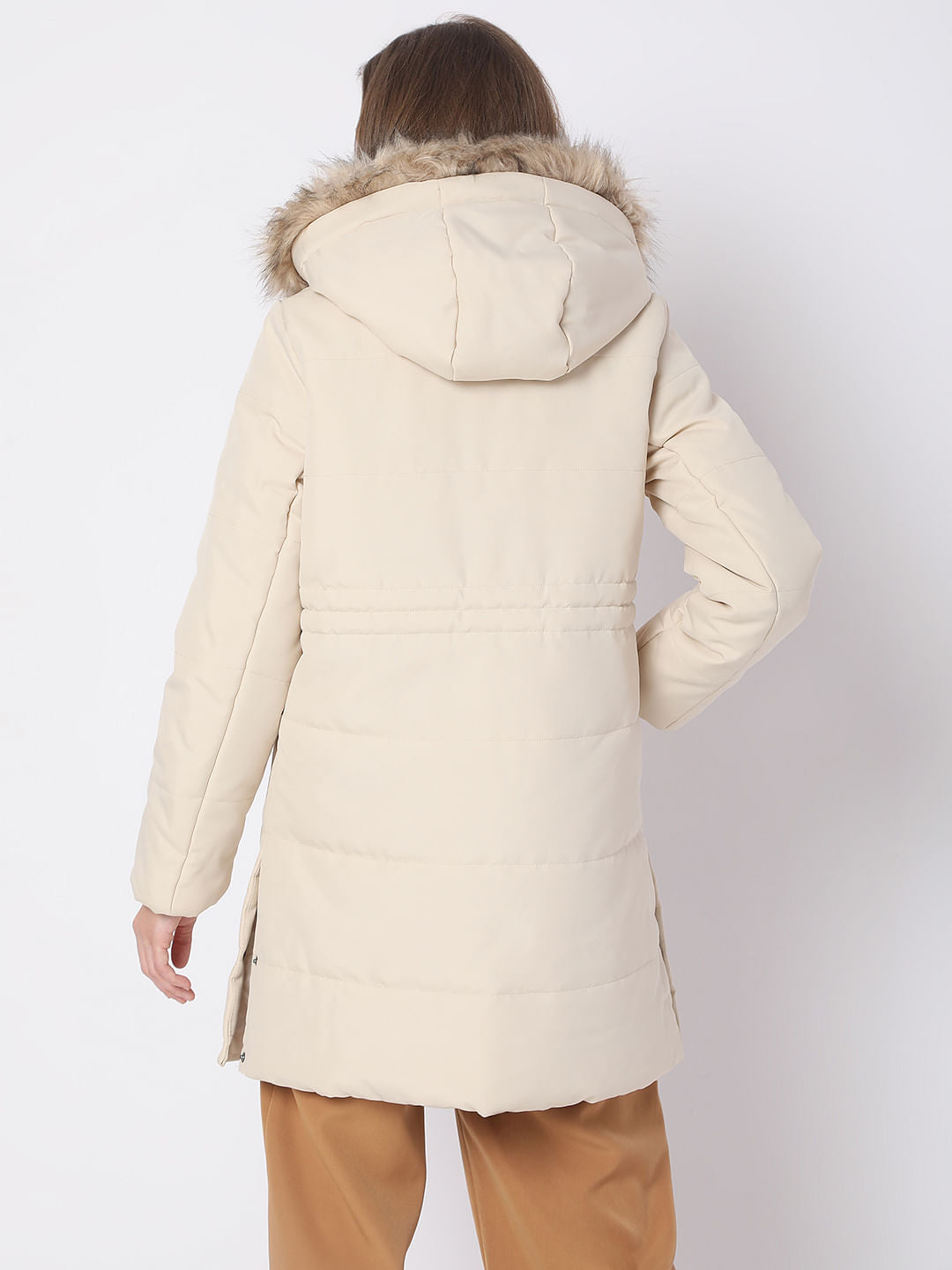 Beige Fur Hooded Coat