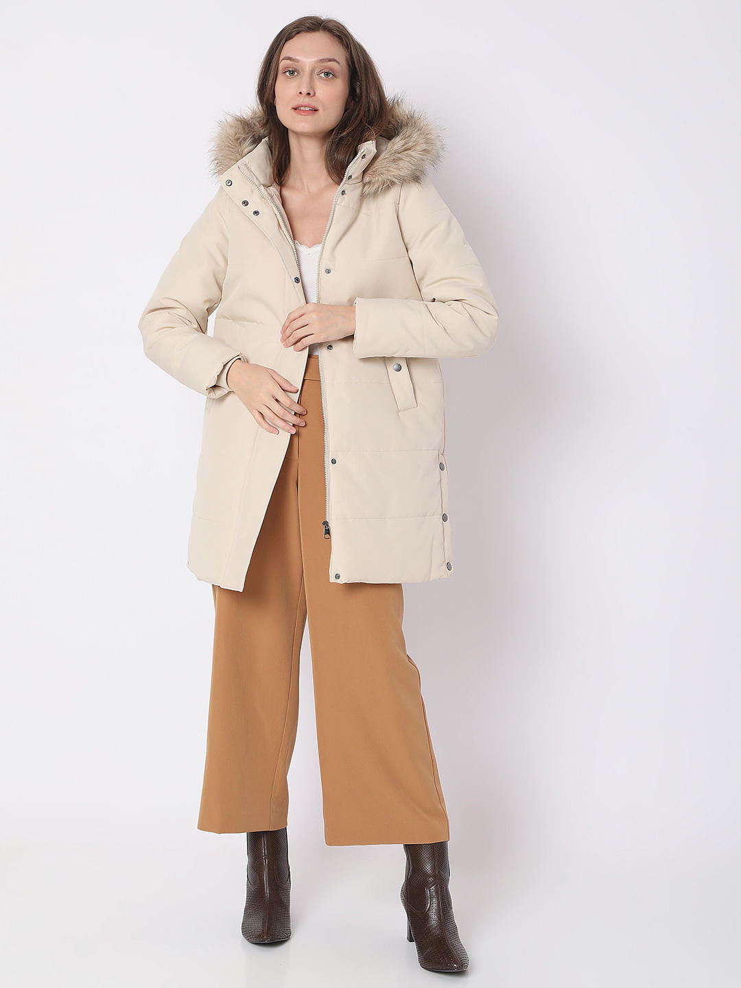 Beige Fur Hooded Coat