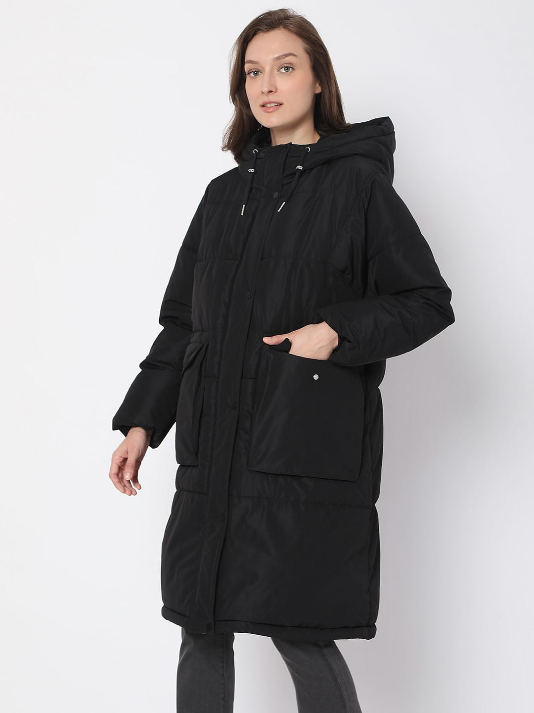 Black Hooded Long Puffer Jacket
