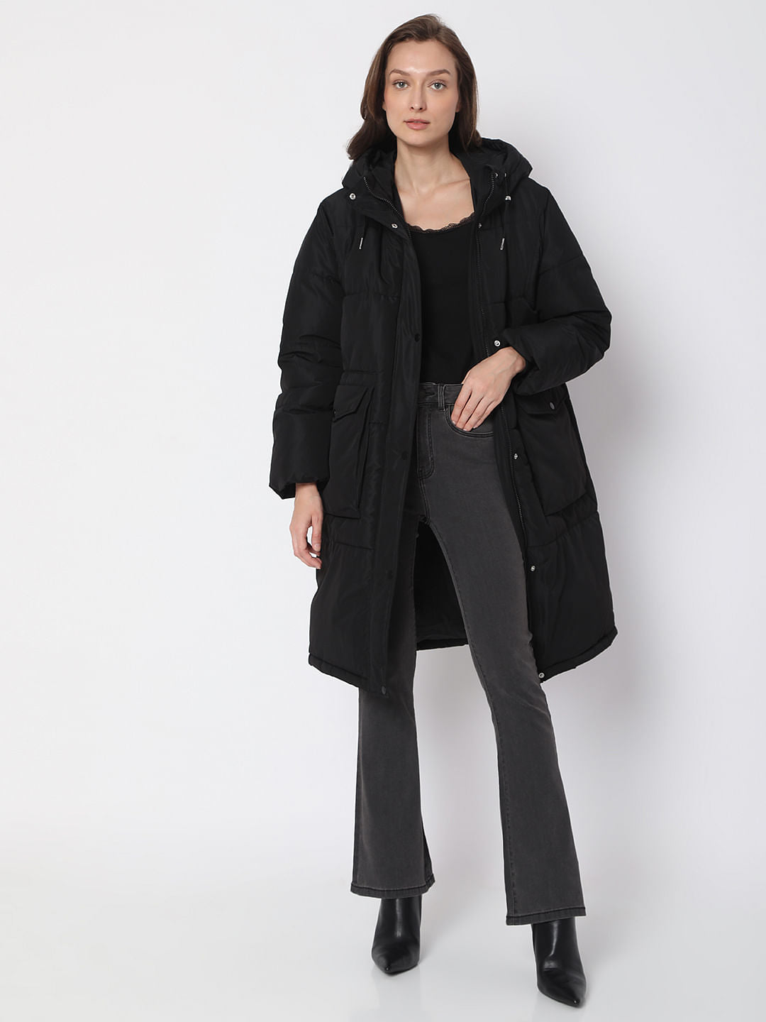 Black Hooded Long Puffer Jacket