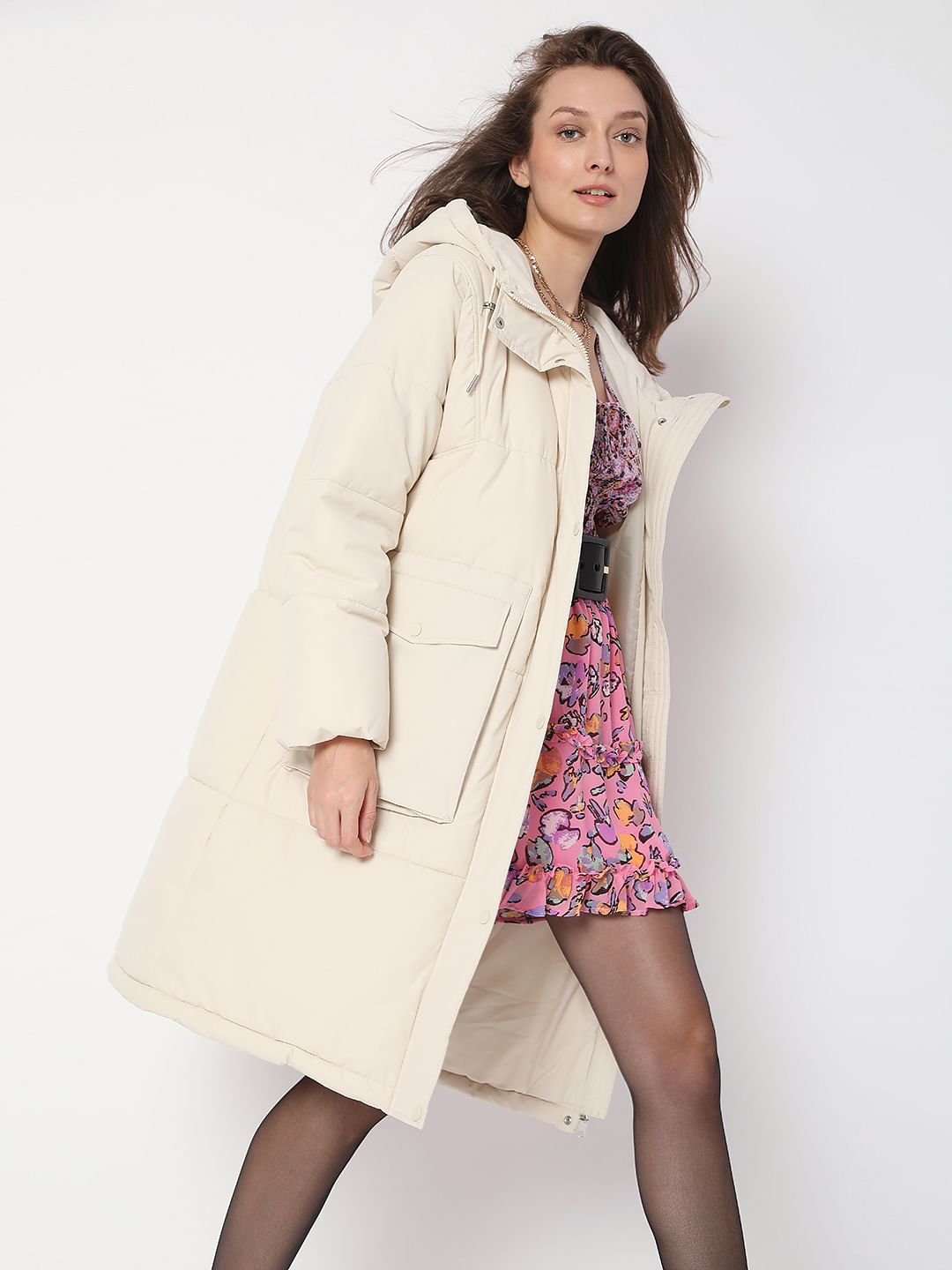 Beige Hooded Long Puffer Jacket